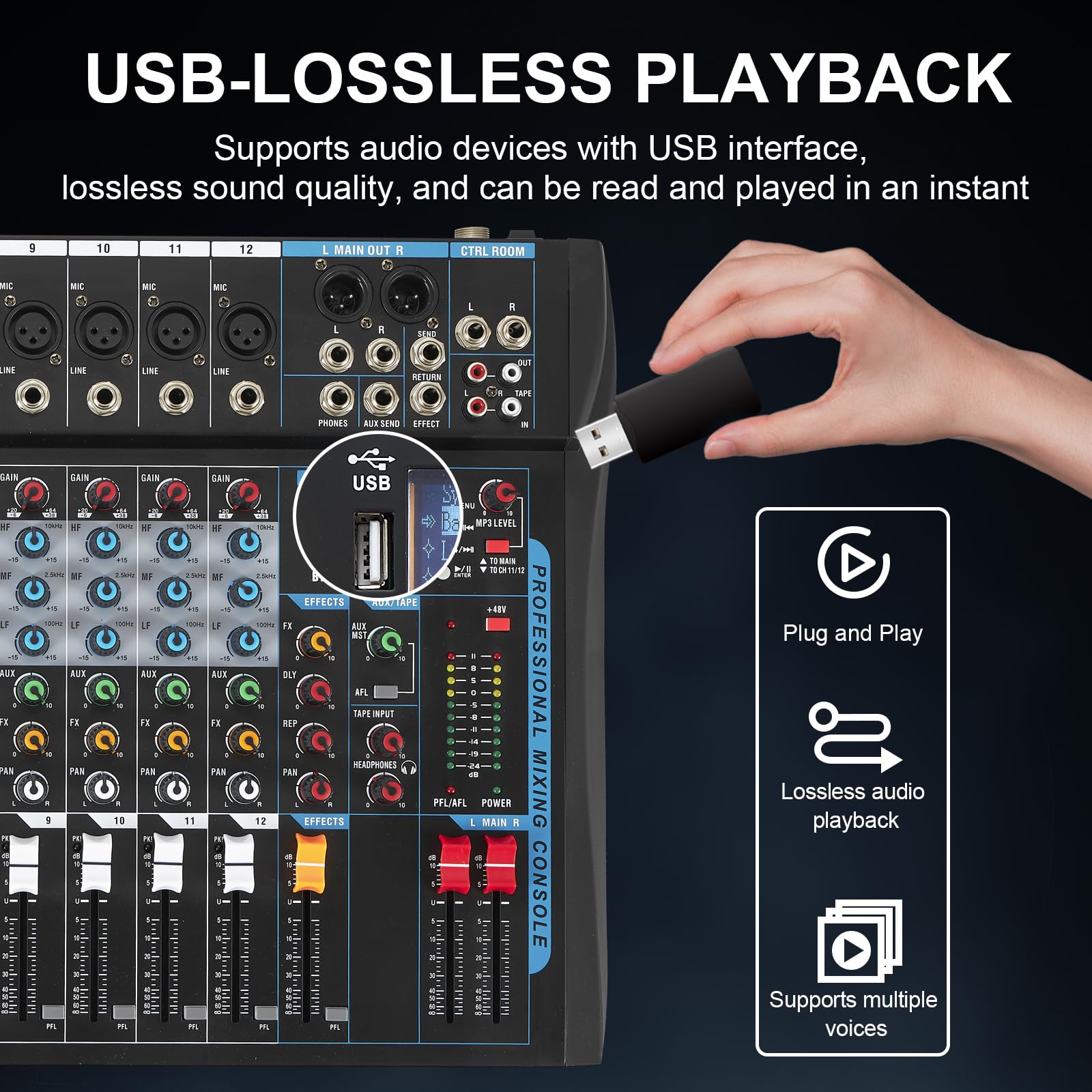 SIKUING 12 Channel Audio Interfacer Sound Board Mixer DJ Mixer 16-Bit DSP Effect USB Audio Mixer +48V Phantom Power Bluetooth Mi