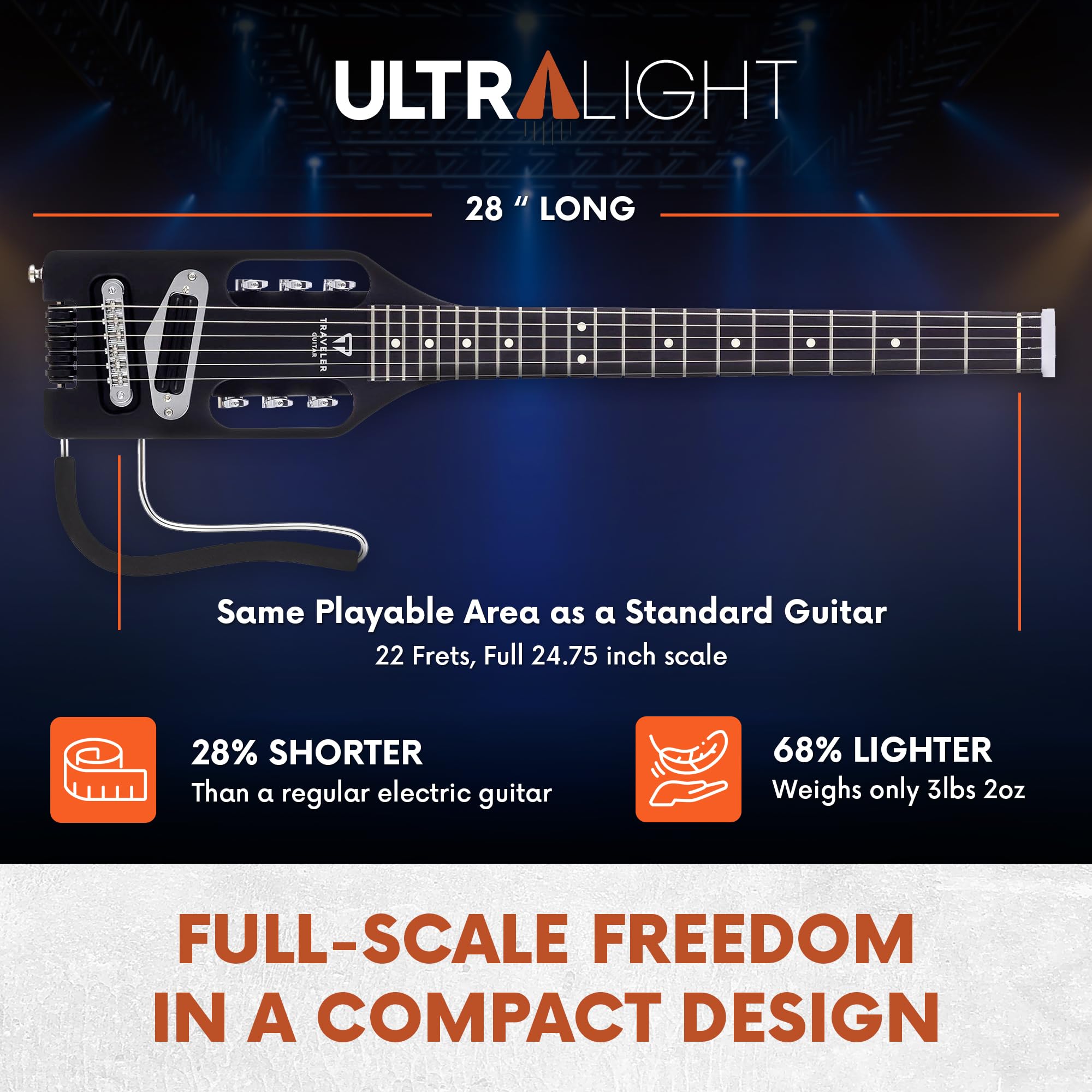 Traveler Guitar Ultra-Light Matte Black Electric Guitar | Small Electric Guitar with Removable Lap Rest | Full 24 3/4'' Scale Tr