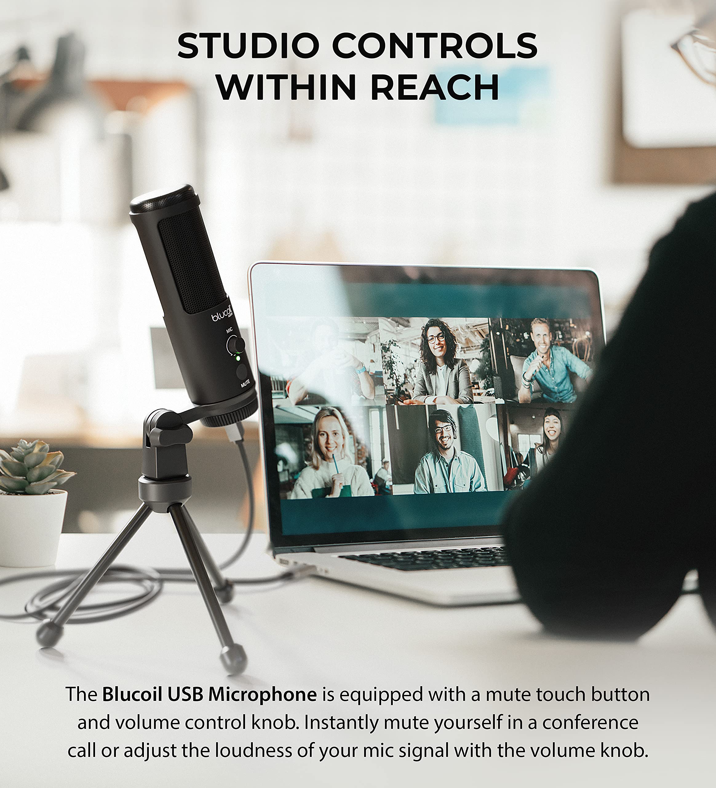 blucoil USB Cardioid Condenser Microphone with Built-in Headphone Jack, Volume Control, Mute Button for Windows, Mac, Linux, and