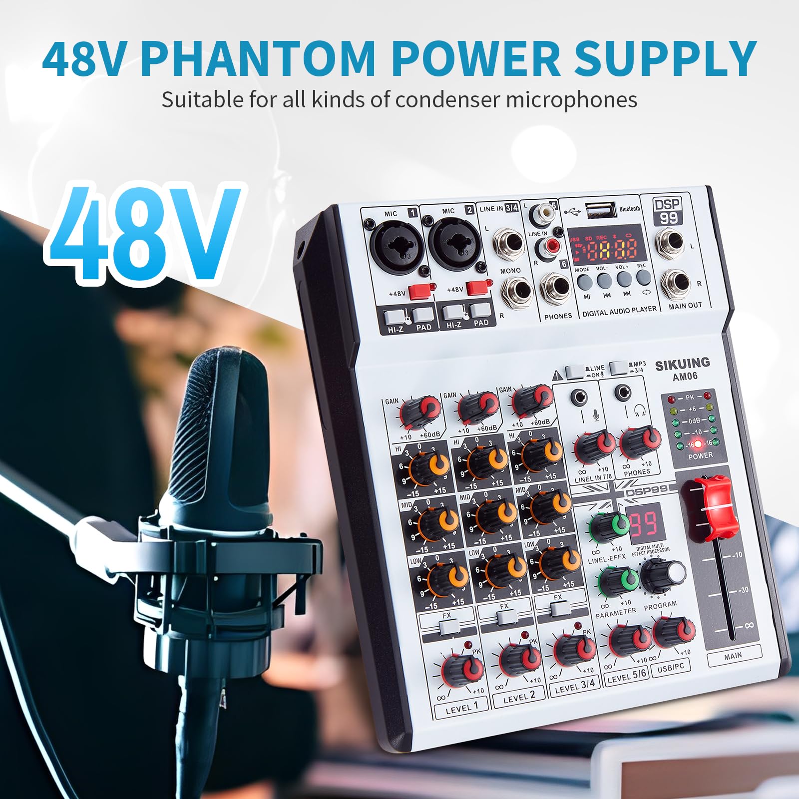 SIKUING 6 Channel Audio Mixer Professional Sound Board Console w/99 DSP Effects 48V Phantom Power Bluetooth USB Interface Stereo