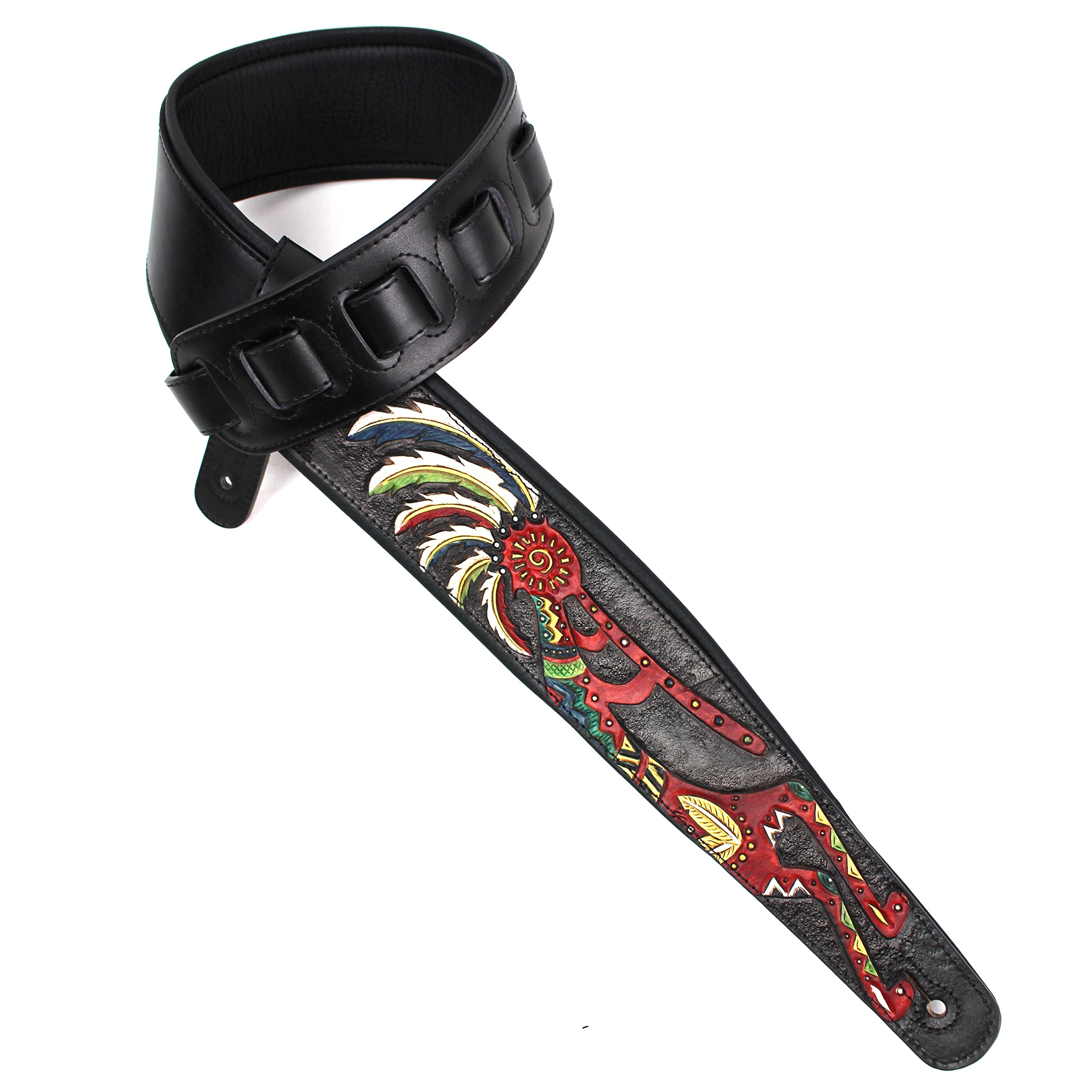 Walker And Williams Kb-56-Blk Handmade 3'' Wide Black Padded Guitar Strap With Carved Red Kokopelli Design On Premium Black Leat