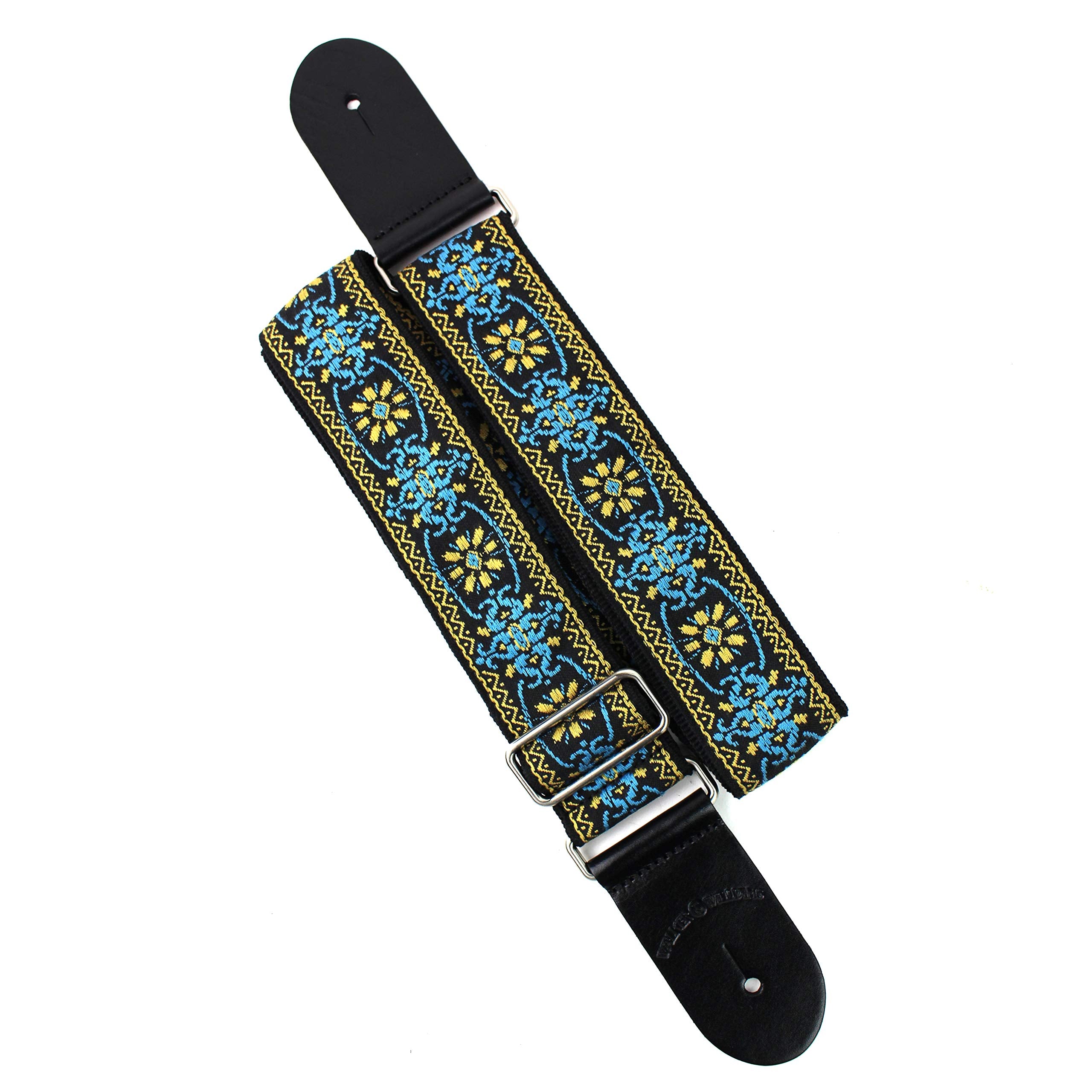 Walker & Williams H-01 Blue Woodstock Woven 60'S Style Premium Woven Guitar Strap With Thick Leather Endcaps For Acoustic, Elect