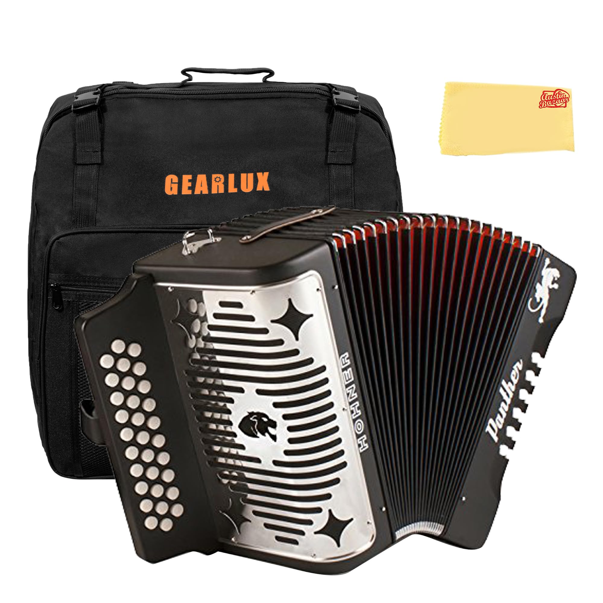 Hohner Panther Diatonic Accordion - Keys GCF (SOL) Bundle with Gig Bag and Austin Bazaar Polishing Cloth