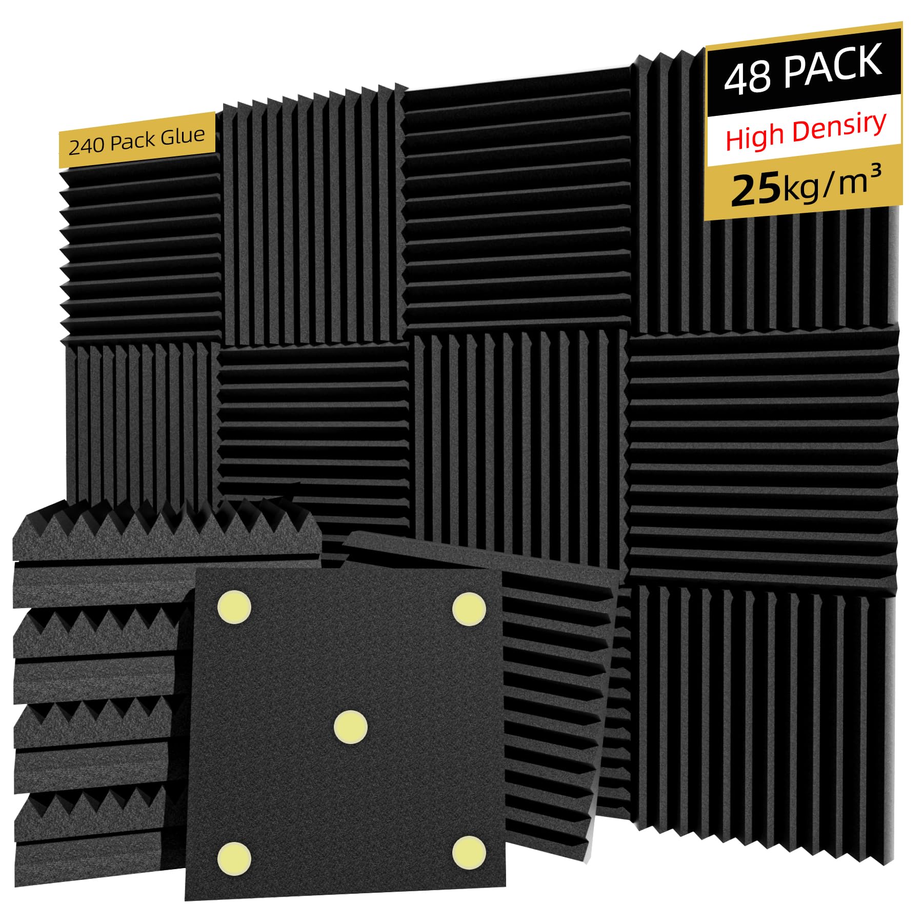 Temgcuam 48 Pack Sound Proof Foam Panels |1 ''  12 ''  12 '' Quick-Recovery Soundproof Wall Panels | High Density Sound Dampenin
