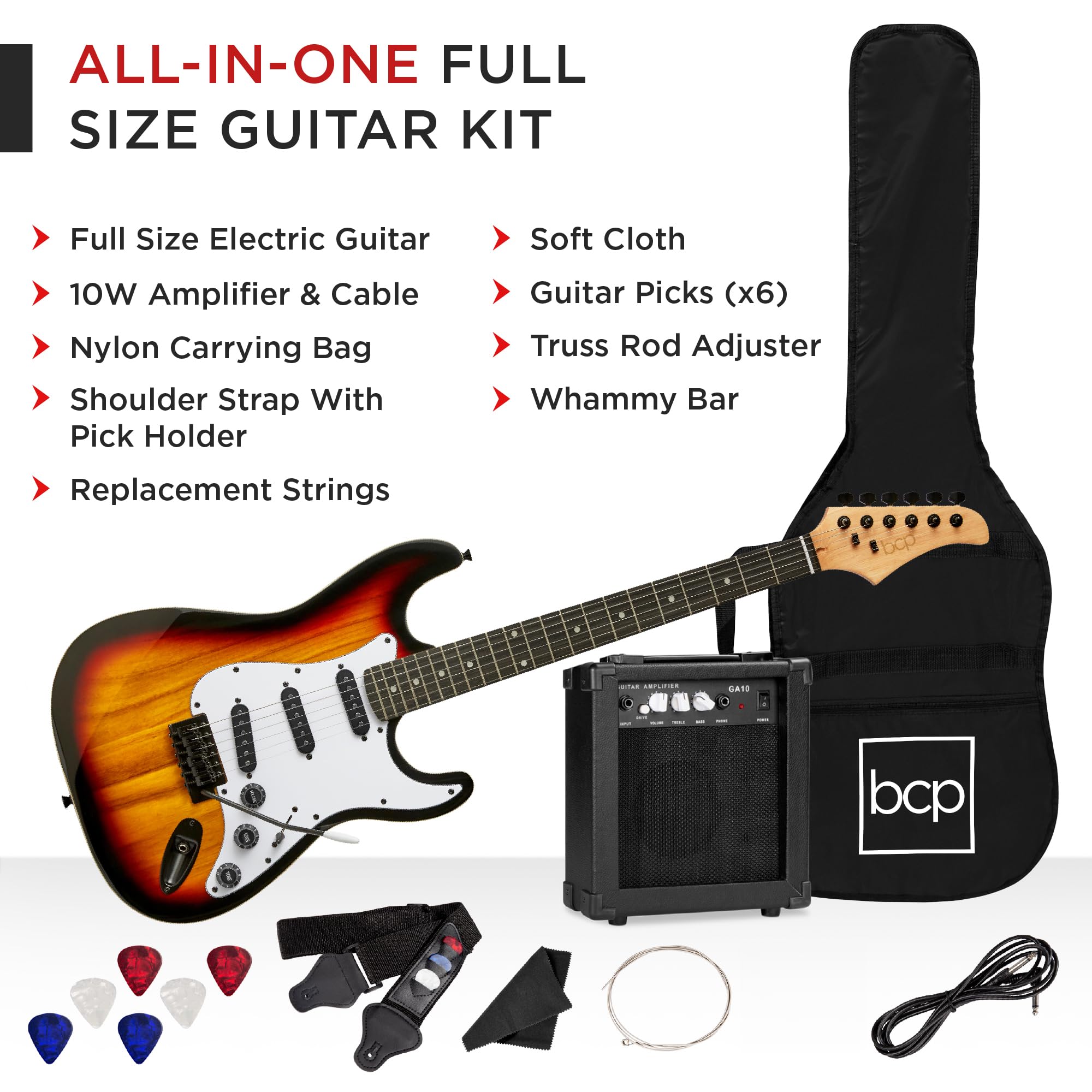 Best Choice Products 39in Full Size Beginner Electric Guitar Starter Kit w/Case, Strap, 10W Amp, Strings, Pick, Tremolo Bar - 3