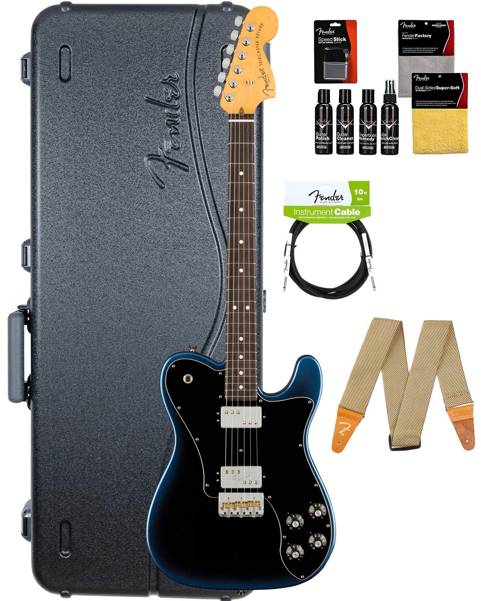 Fender American Professional Ii Telecaster Deluxe - Dark Night Bundle With Case, Strap, Cable, And Guitar Cleaning Kit