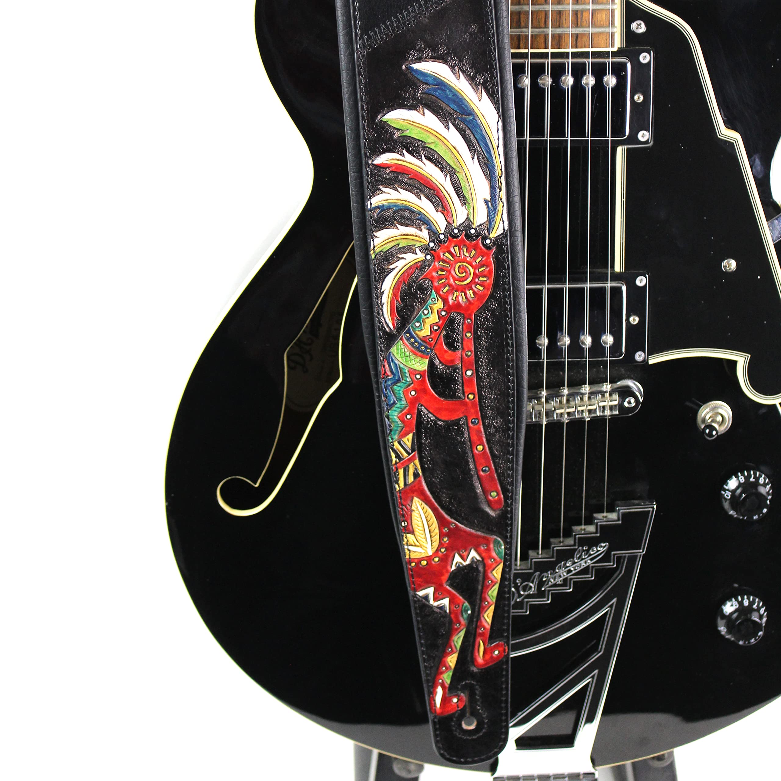 Walker And Williams KB-56-BLK Handmade 3'' Wide Black Padded Guitar Strap With Carved Red Kokopelli Design On Premium Black Leat