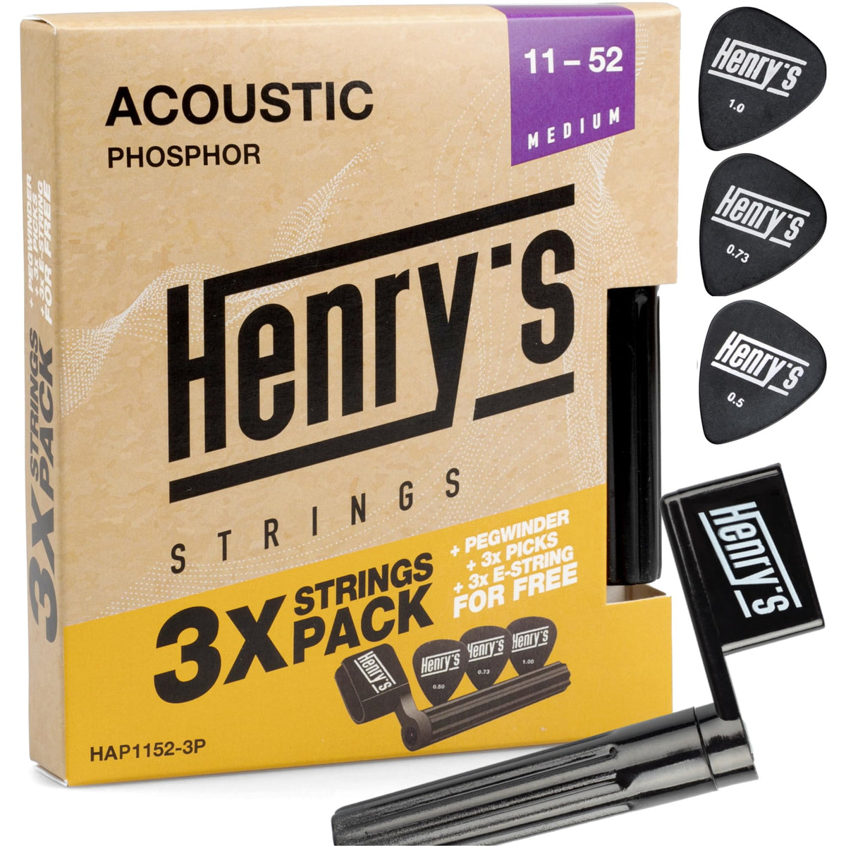 3 Pack Acoustic Guitar Strings 11-52 - Extra 3Xe1 String & 3X Picks & String Winder - Phosphorus Bronze Acoustic Guitar Strings