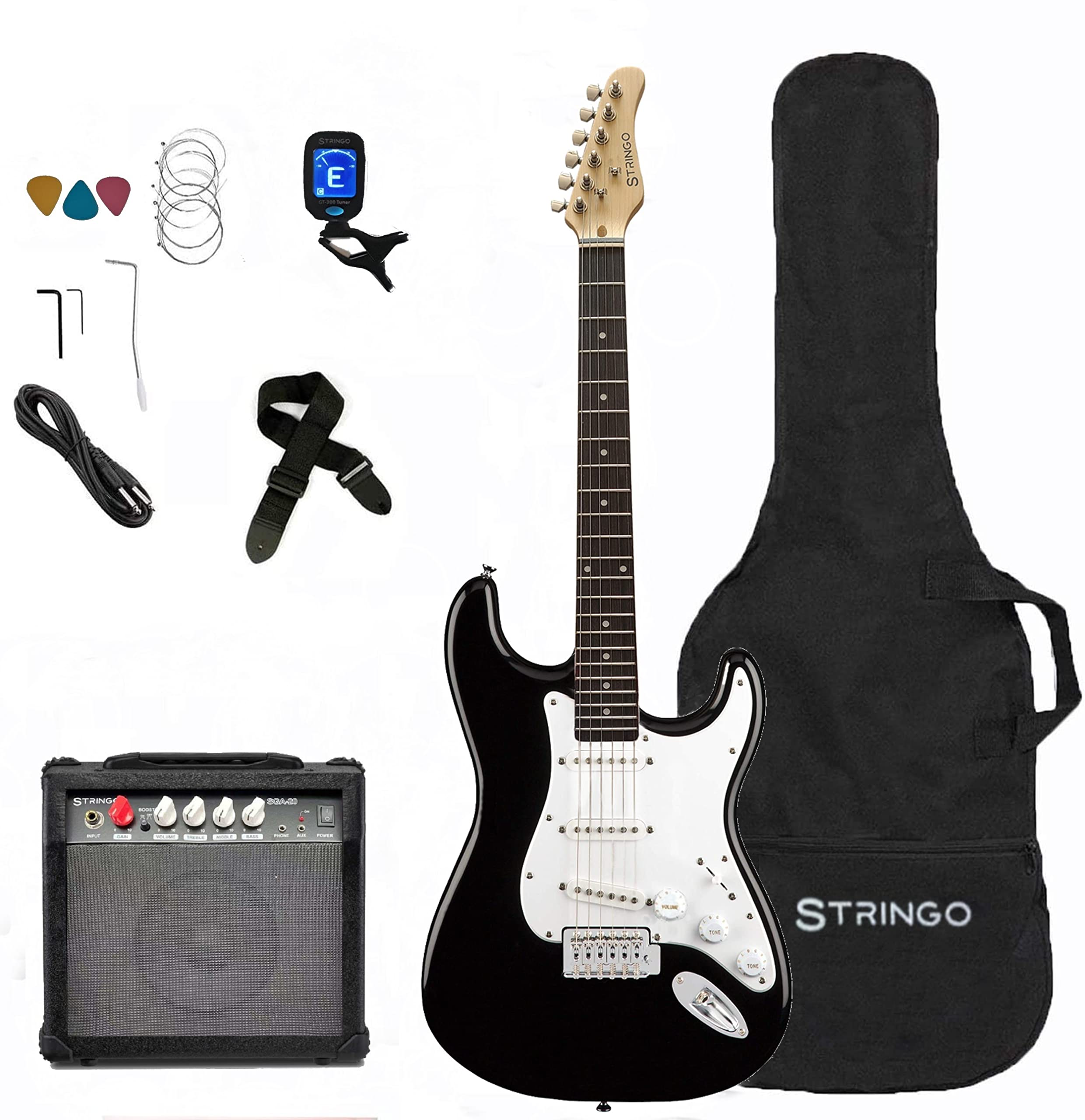 White Electric Guitar Beginner Kit Full Size 39 Inch Set Includes Tremolo Guitar, 20W Amplifier 3 Picks, Shoulder Strap, Tuner,