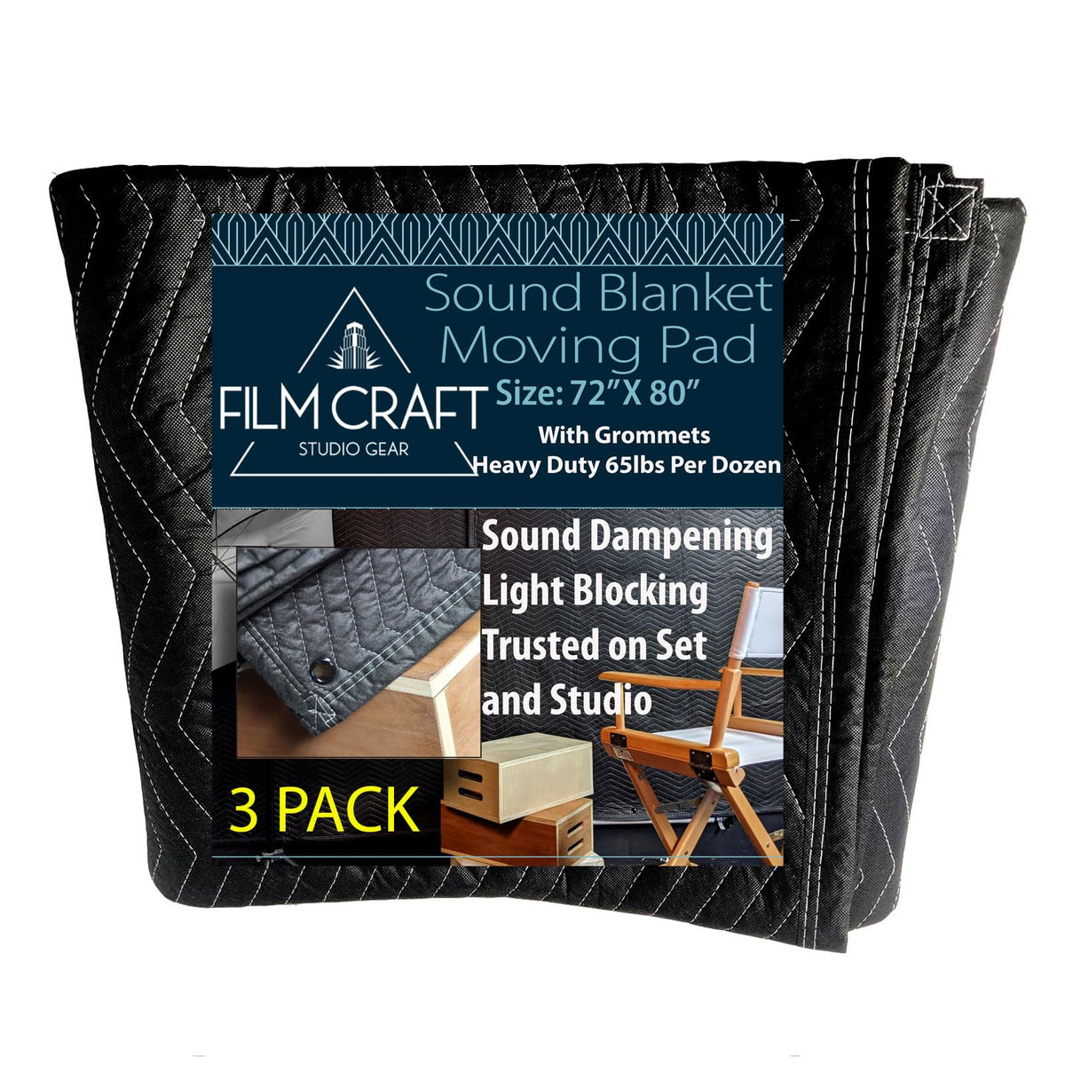 Filmcraft Studio Sound Blanket With Grommets 72 By 80 Inch Heavy Duty Polyester (3 Pack)
