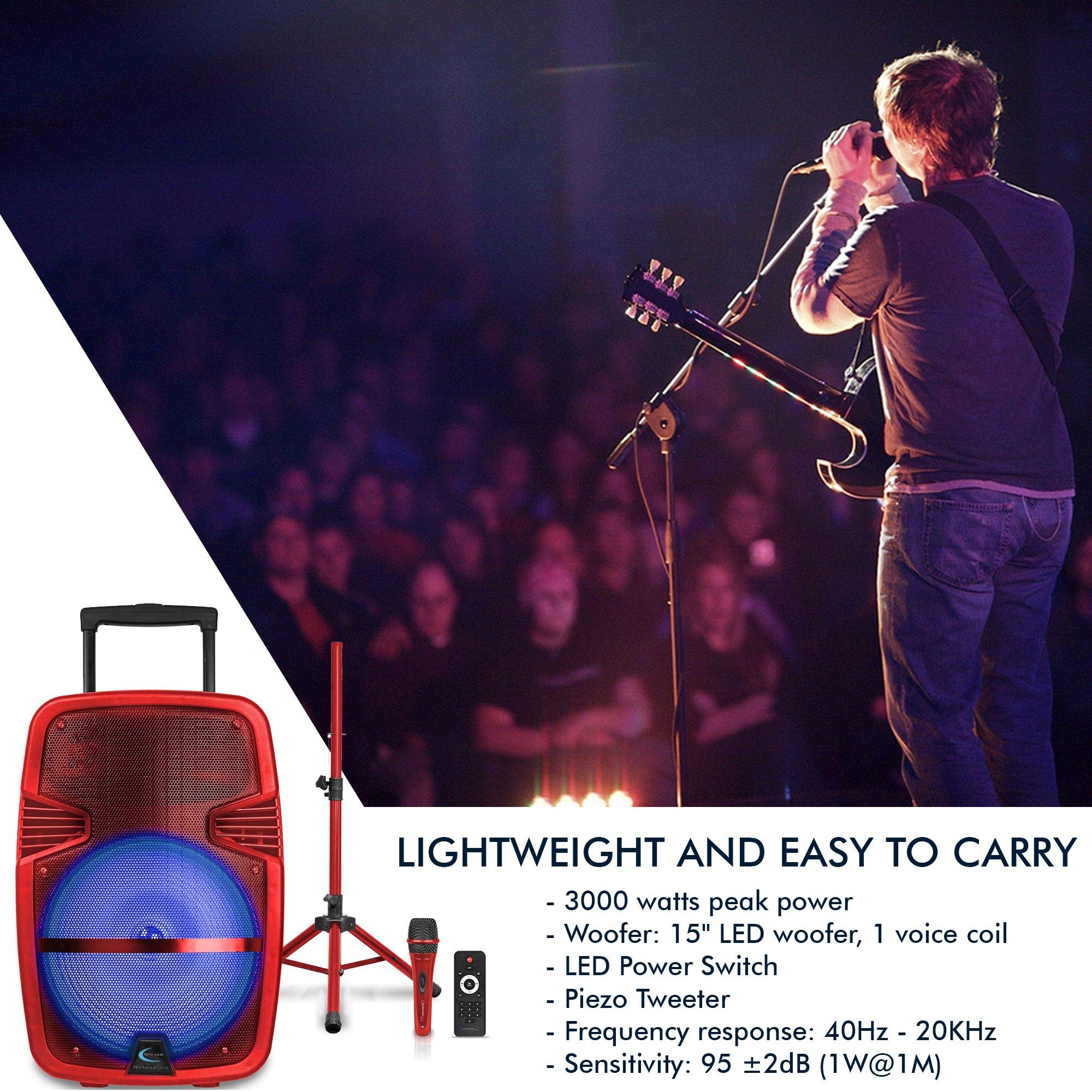 Technical Pro 15'' Portable Rechargeable Battery Powered 3000 Watts Pro DJ Bluetooth LED Loudspeaker Package with Tripod Stand,