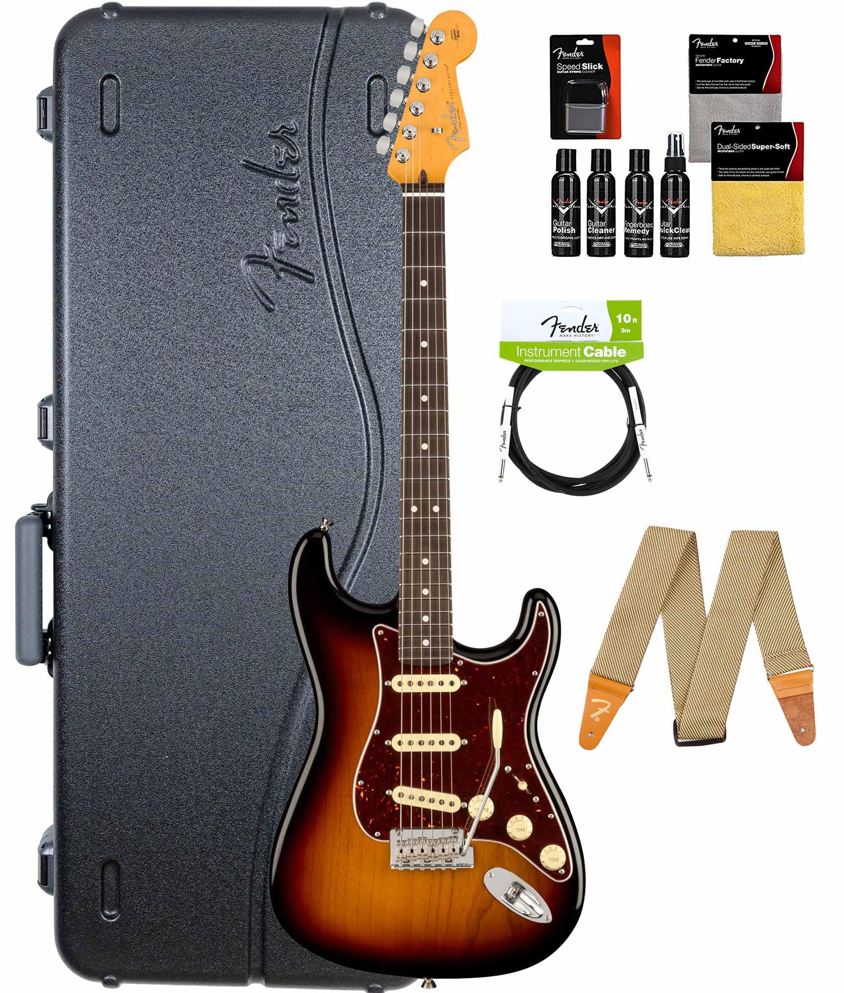 Fender American Professional Ii Stratocaster - 3-Color Sunburst Bundle With Case, Strap, Cable, And Guitar Cleaning Kit