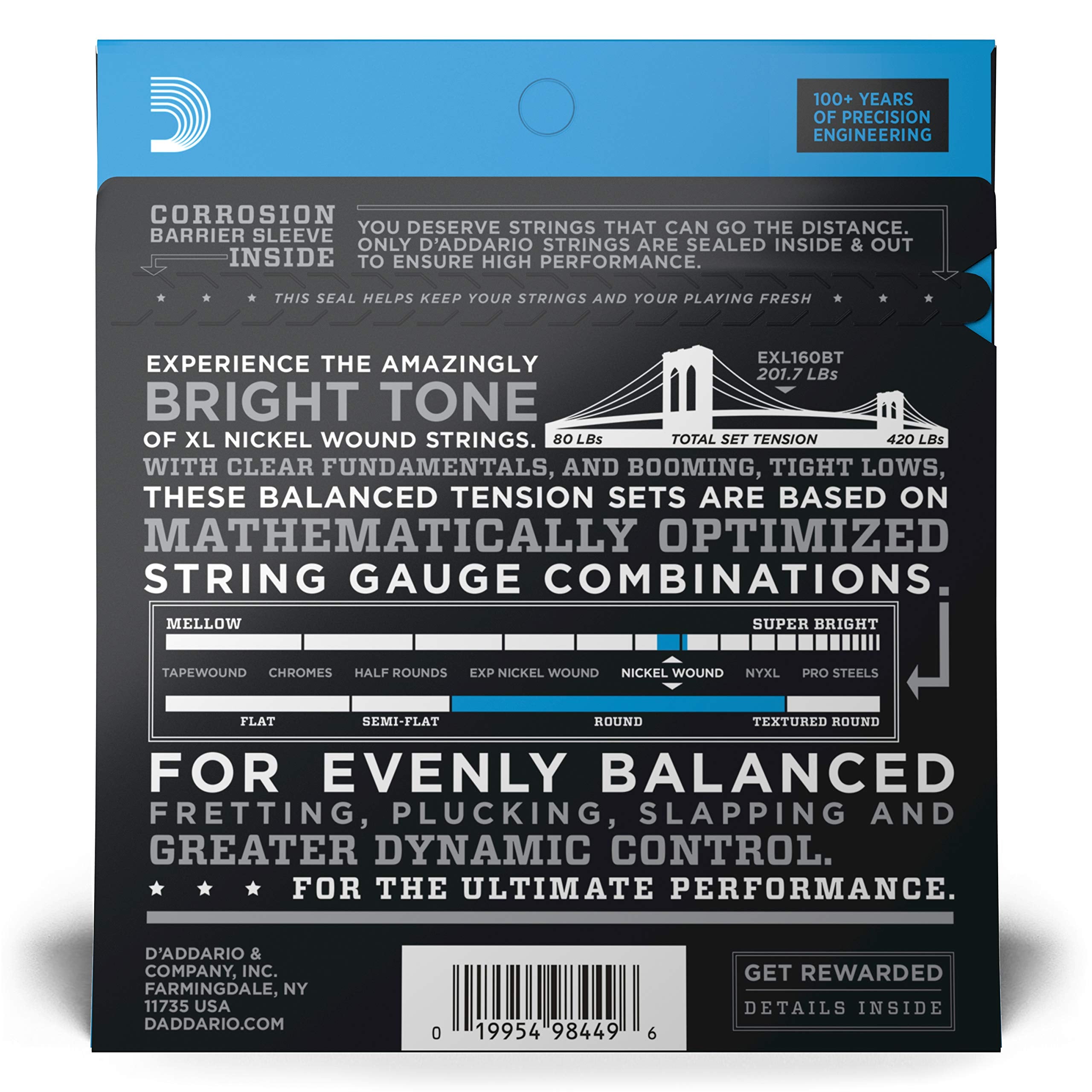 D'Addario Electric Bass Guitar Strings - EXL160BT 50-120 - Nickel Wound Bass Strings - For Bass Guitar 4 String - Balanced Tensi