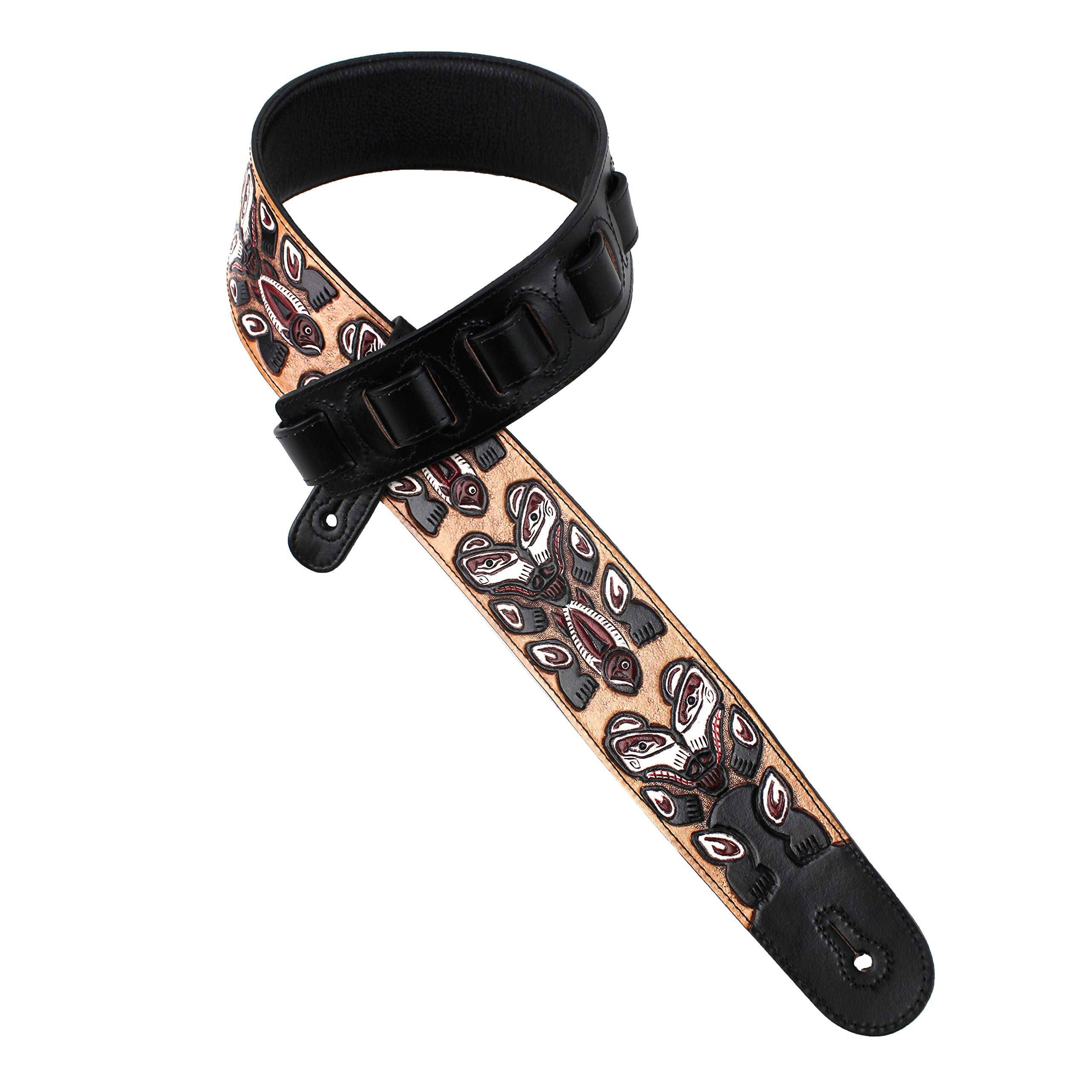 Walker And Williams Lhr-23 Handmade Black Premium Carved Leather Guitar Strap With Bear Totem Carving For Acoustic, Electric, An