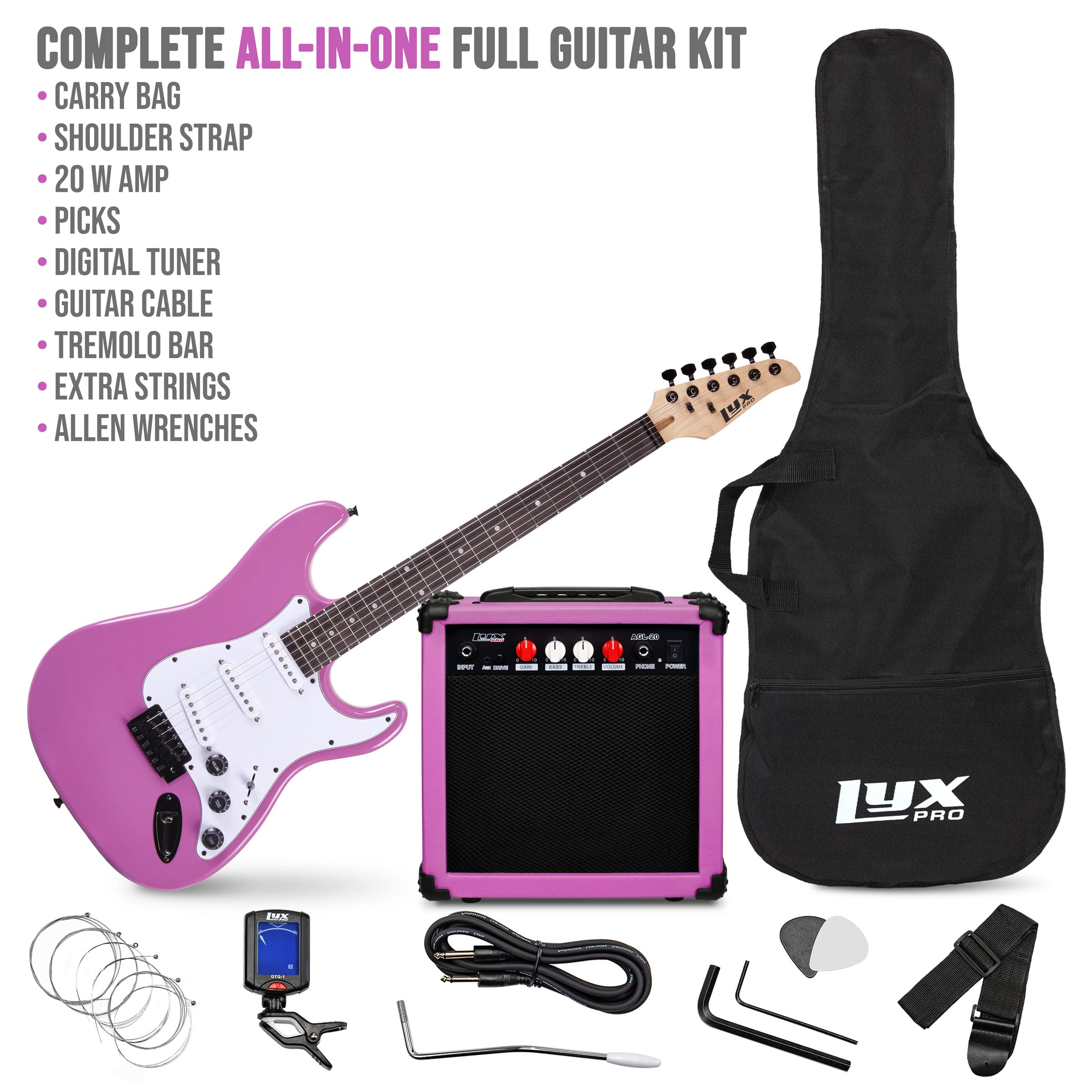 LyxPro 39 inch Electric Guitar Kit Bundle with 20w Amplifier, All Accessories, Digital Clip On Tuner, Six Strings, Two Picks, Tr