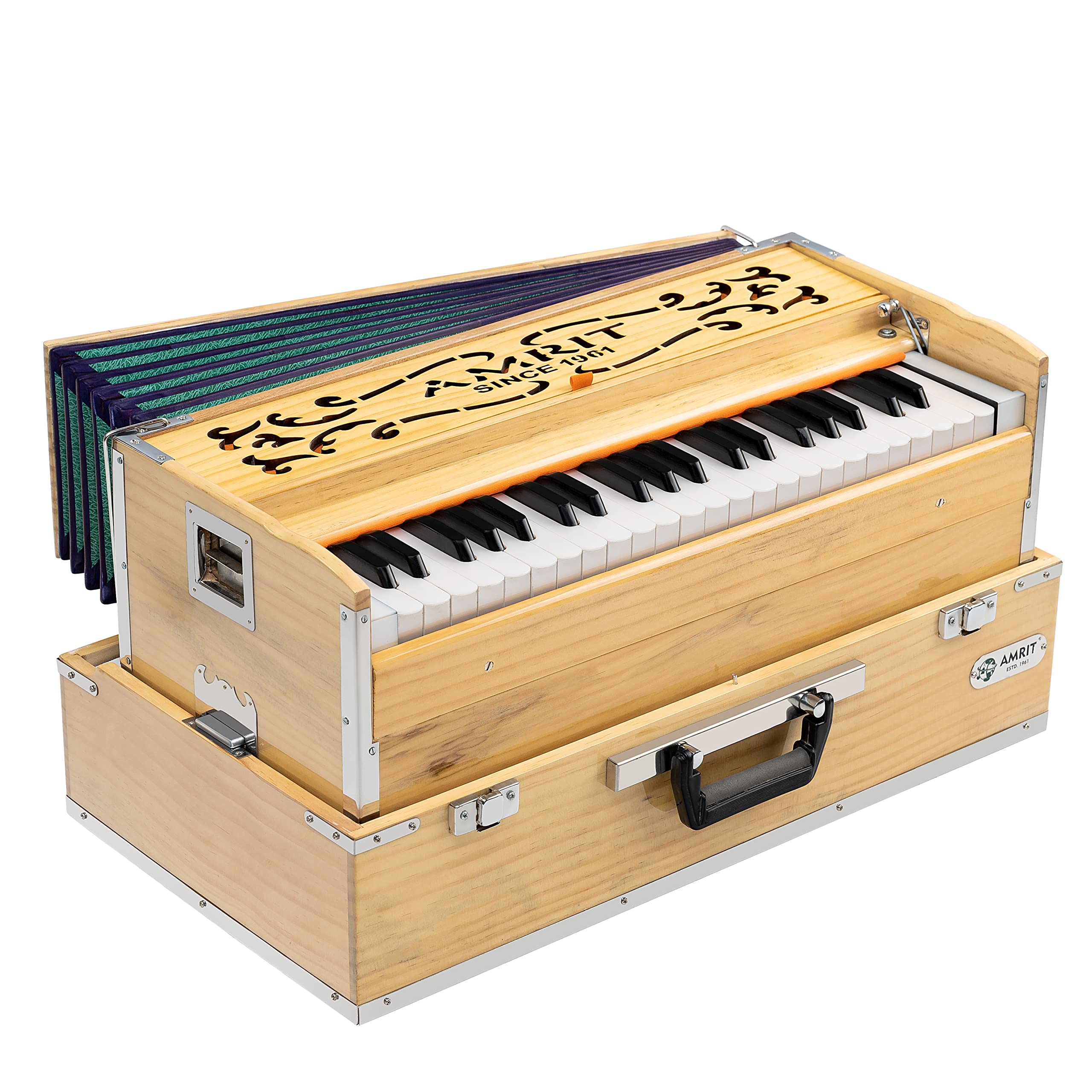 Amrit Ksrf Regular Folding Portable Harmonium  42 Keys With Right Coupler, Dual Reed (Bass & Male), Includes Padded Carry Bag