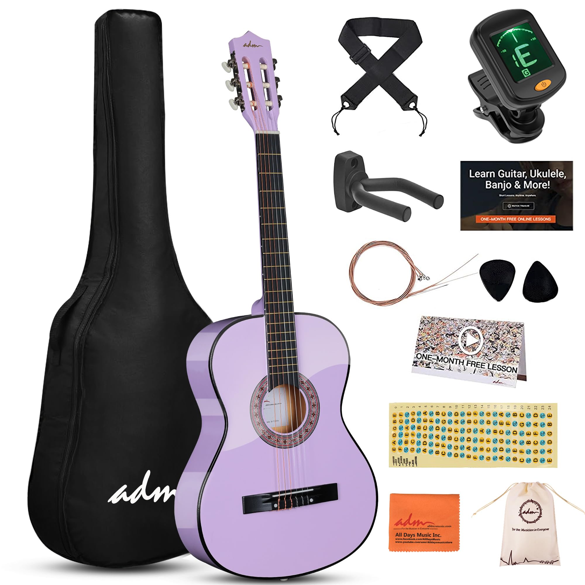 Adm Beginner Acoustic Classical Guitar 38 Inch Nylon Strings Wooden Guitar Bundle Kit For Kid Boy Girl Student Youth Guitarra On