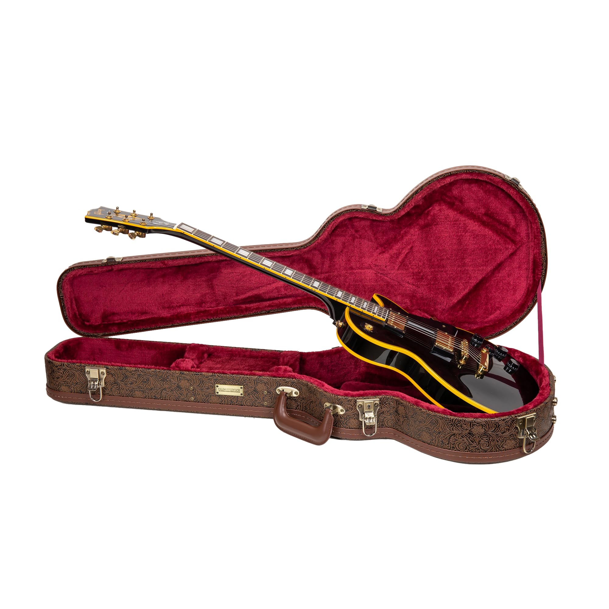 Crossrock Wooden Les Paul Guitar Case | Blossom Brown Finish, Burgundy Velvet Interior, Lock - Designer Series