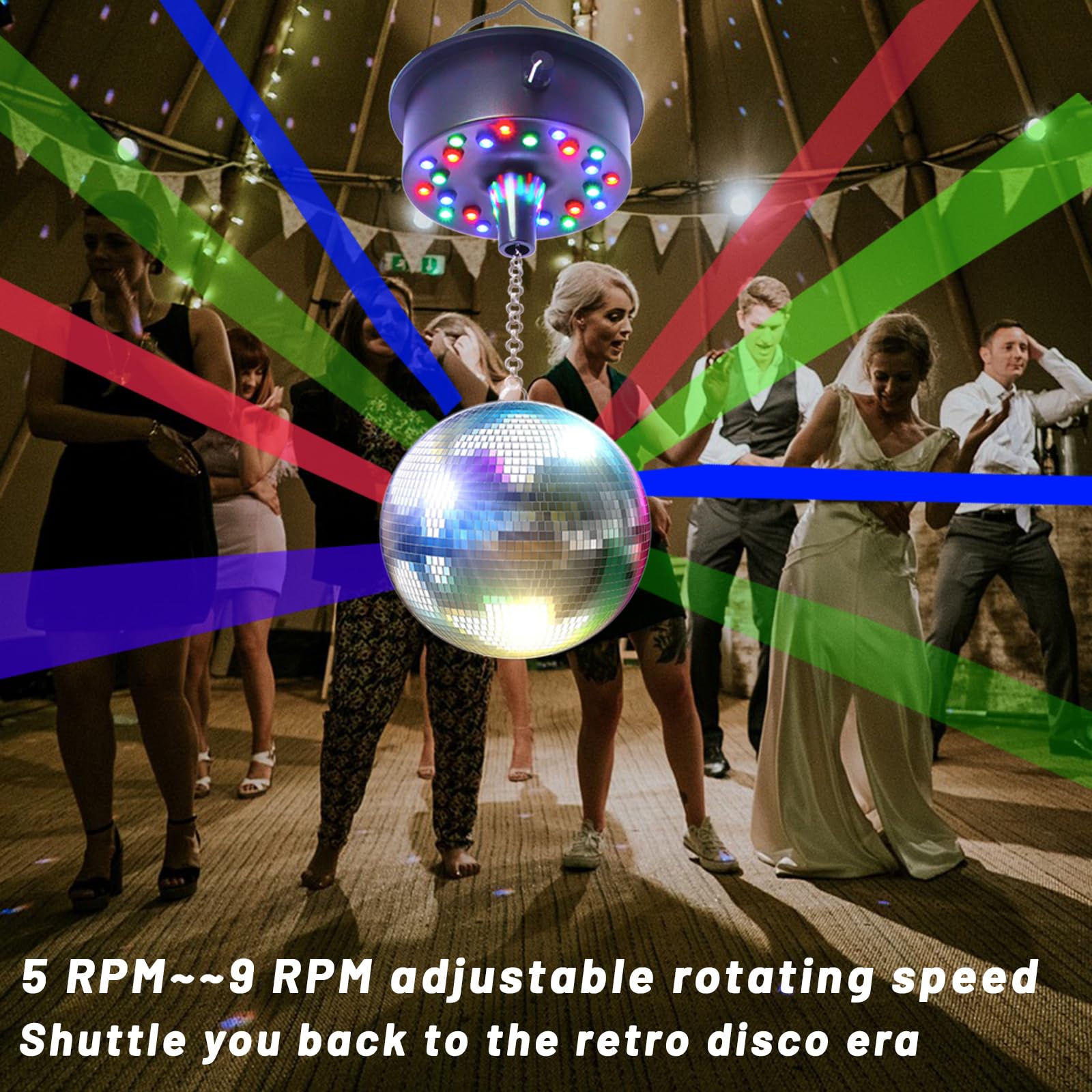 Disco Ball Rotating Motor with Chain 5RPM-10RPM Adjustable Speed,Plug/Battery Powered Mirror Ball Motor with 24 LED Beads for Di