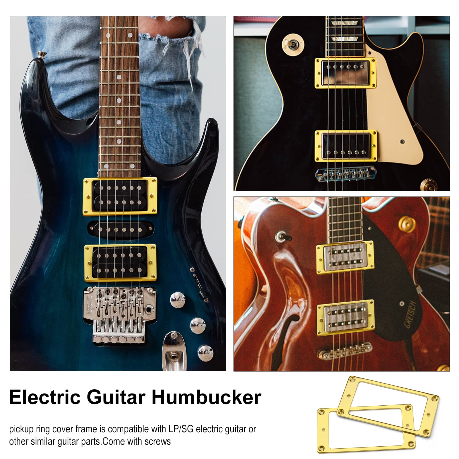 MAXCHEER 2PCS Metal Iron Flat Humbucker Pickup Ring for Electric Guitar Replacement (Glod)