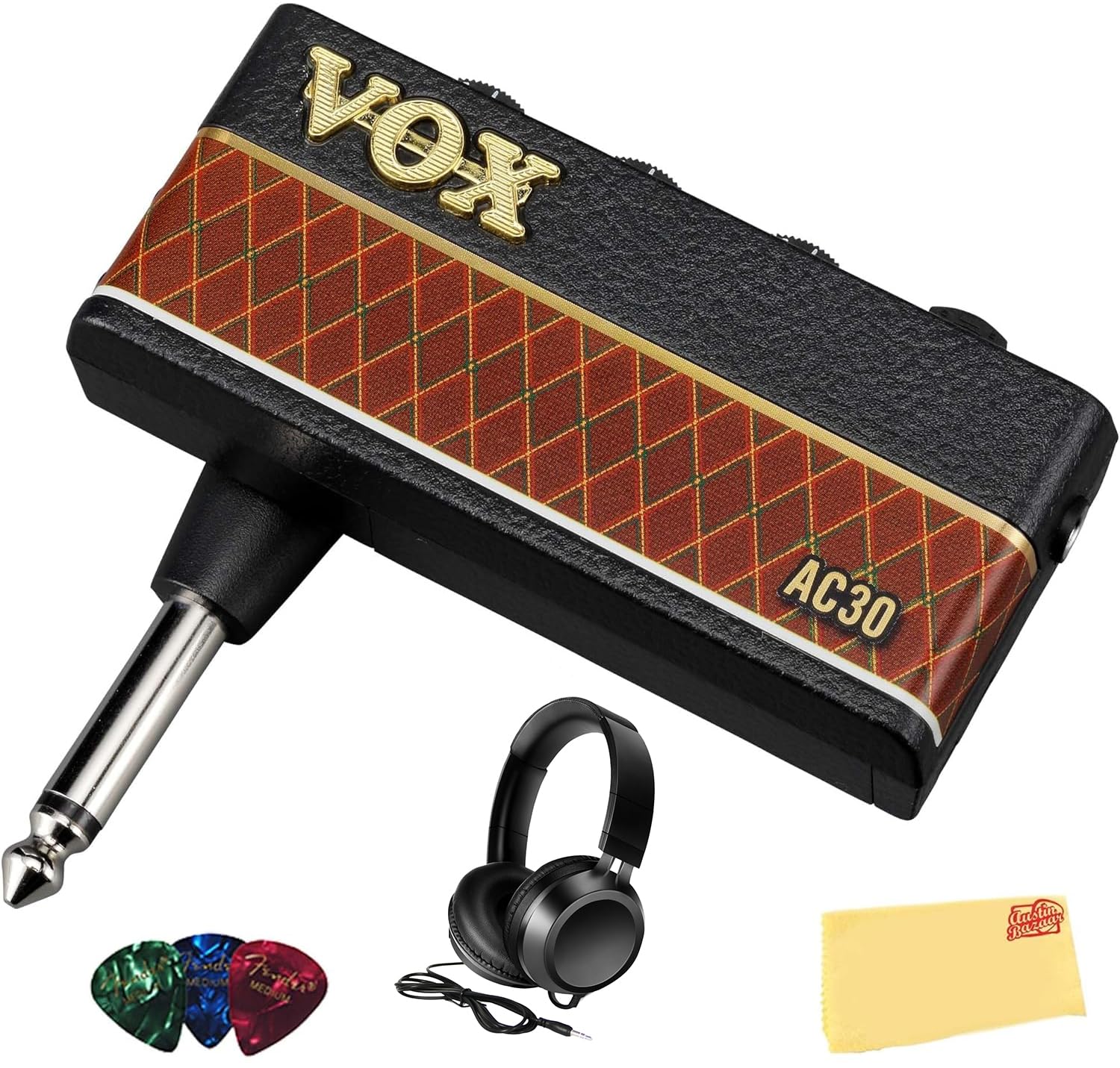 Vox AmPlug 3 Headphone Guitar Amplifier - AC30 Bundle with Headphones, Guitar Picks, and Austin Bazaar Polishing Cloth