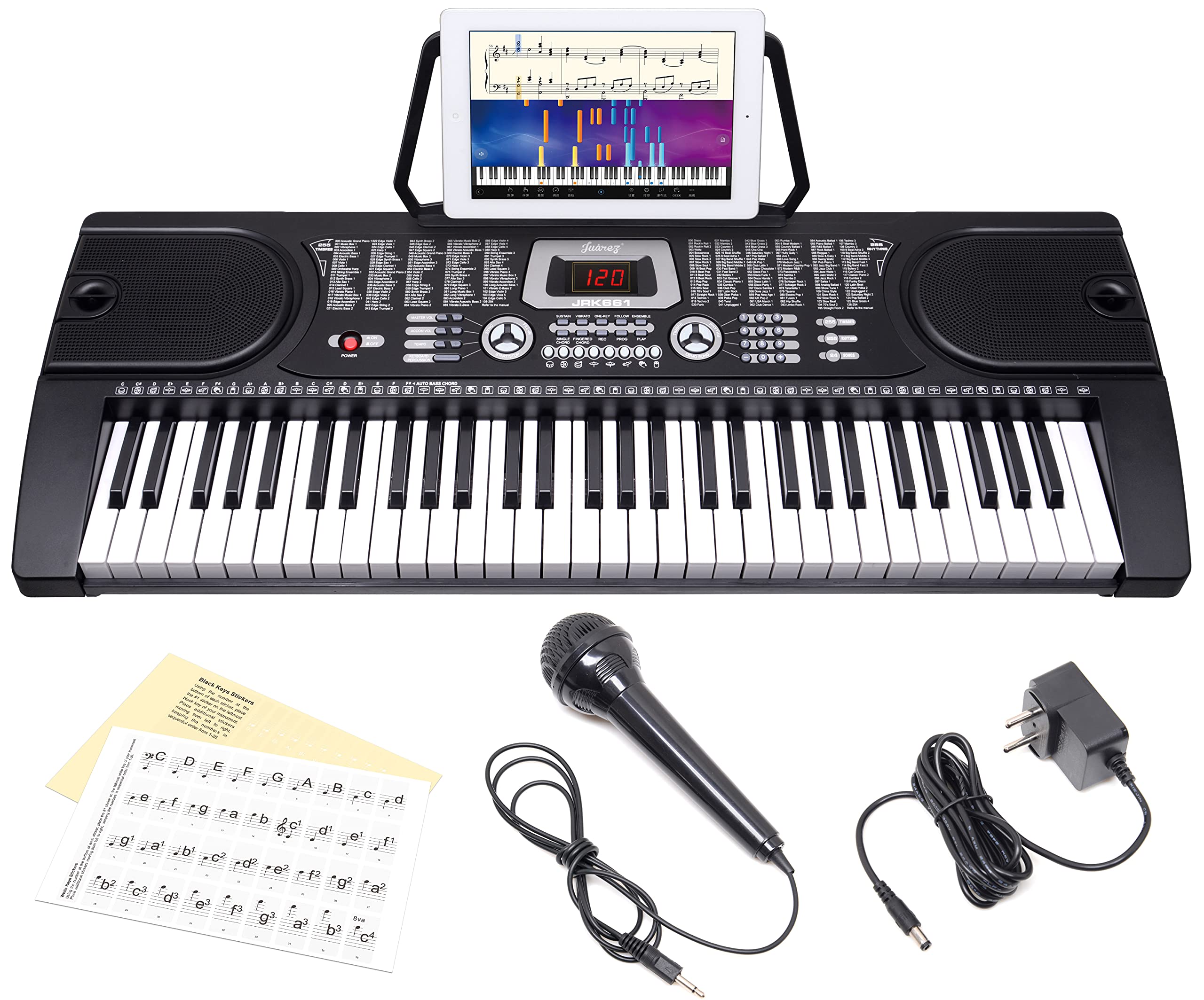 JUAREZ Octav JRK661 61-Key Electronic Keyboard Piano with LED Display | Adapter | Key Note Stickers | Mic |Music Sheet Stand | 2