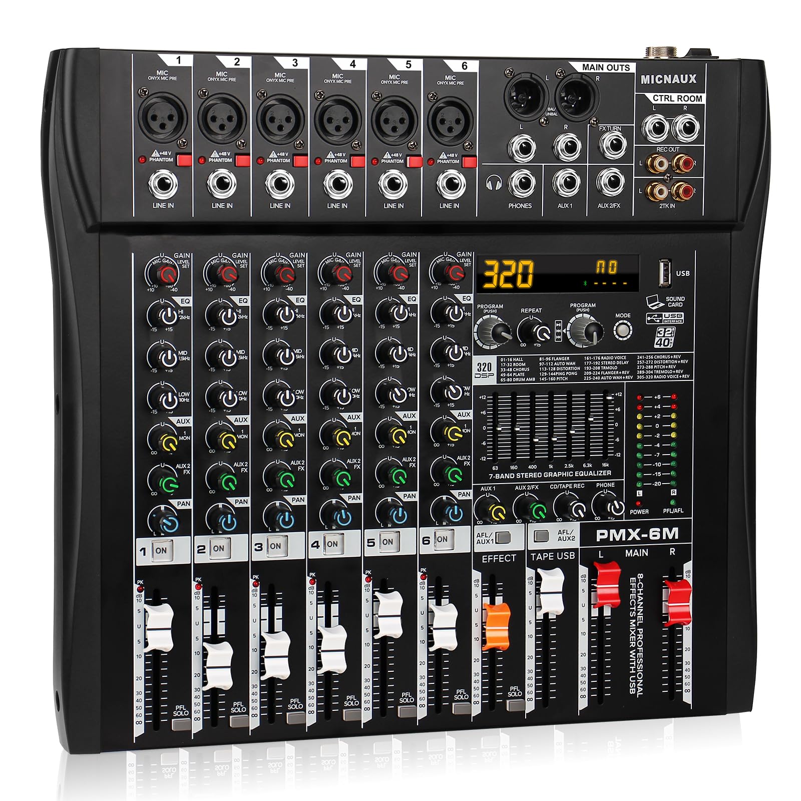 Micnaux Audio Mixer 6 Channel Professional Mixer Console With 320 Dsp Effects, 7-Band Eq Sound Mixing Board Digital Dj Mixer W/U