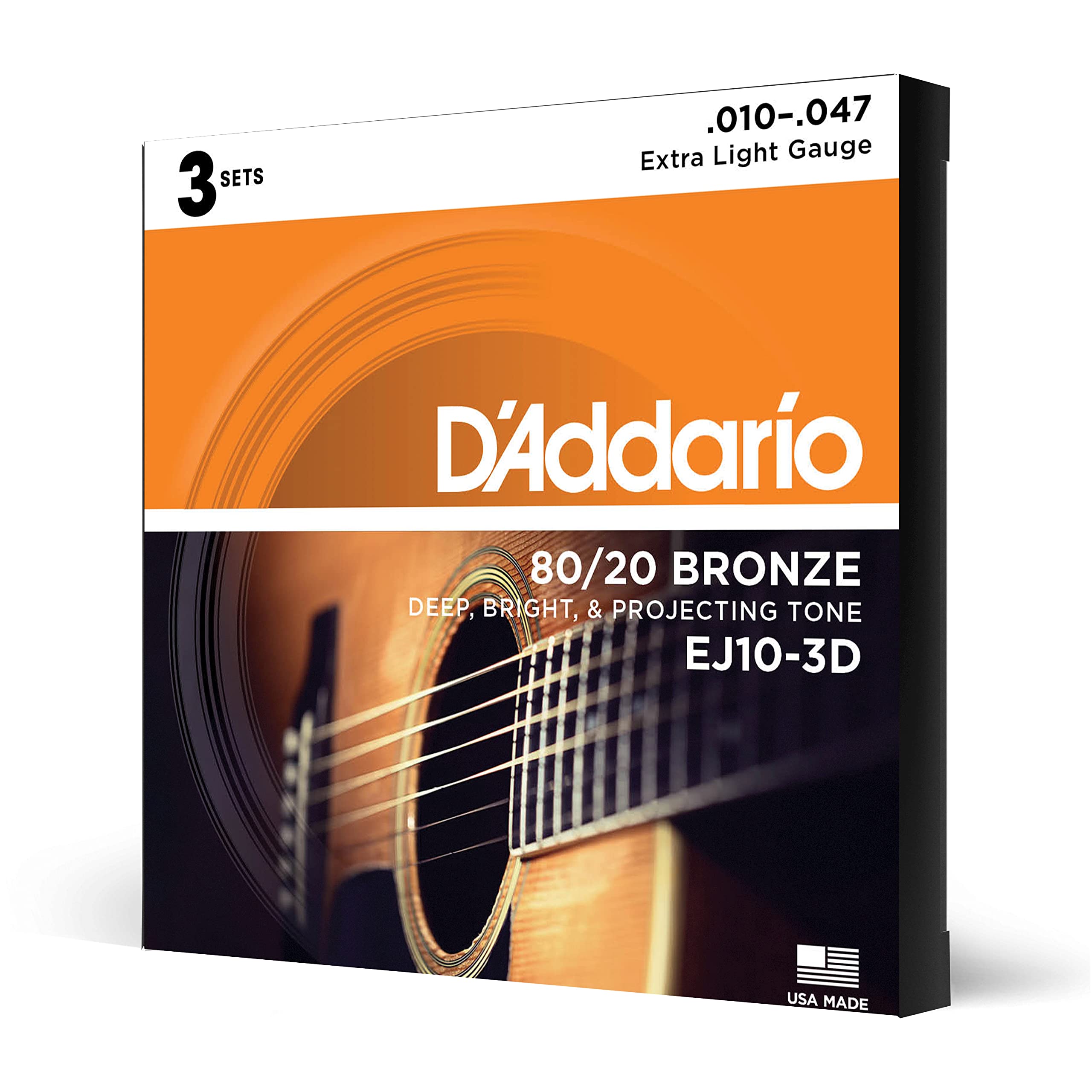 D'Addario Guitar Strings - Acoustic Guitar Strings - 80/20 Bronze - For 6 String Guitar - Deep, Bright, Projecting Tone - Ej10-3