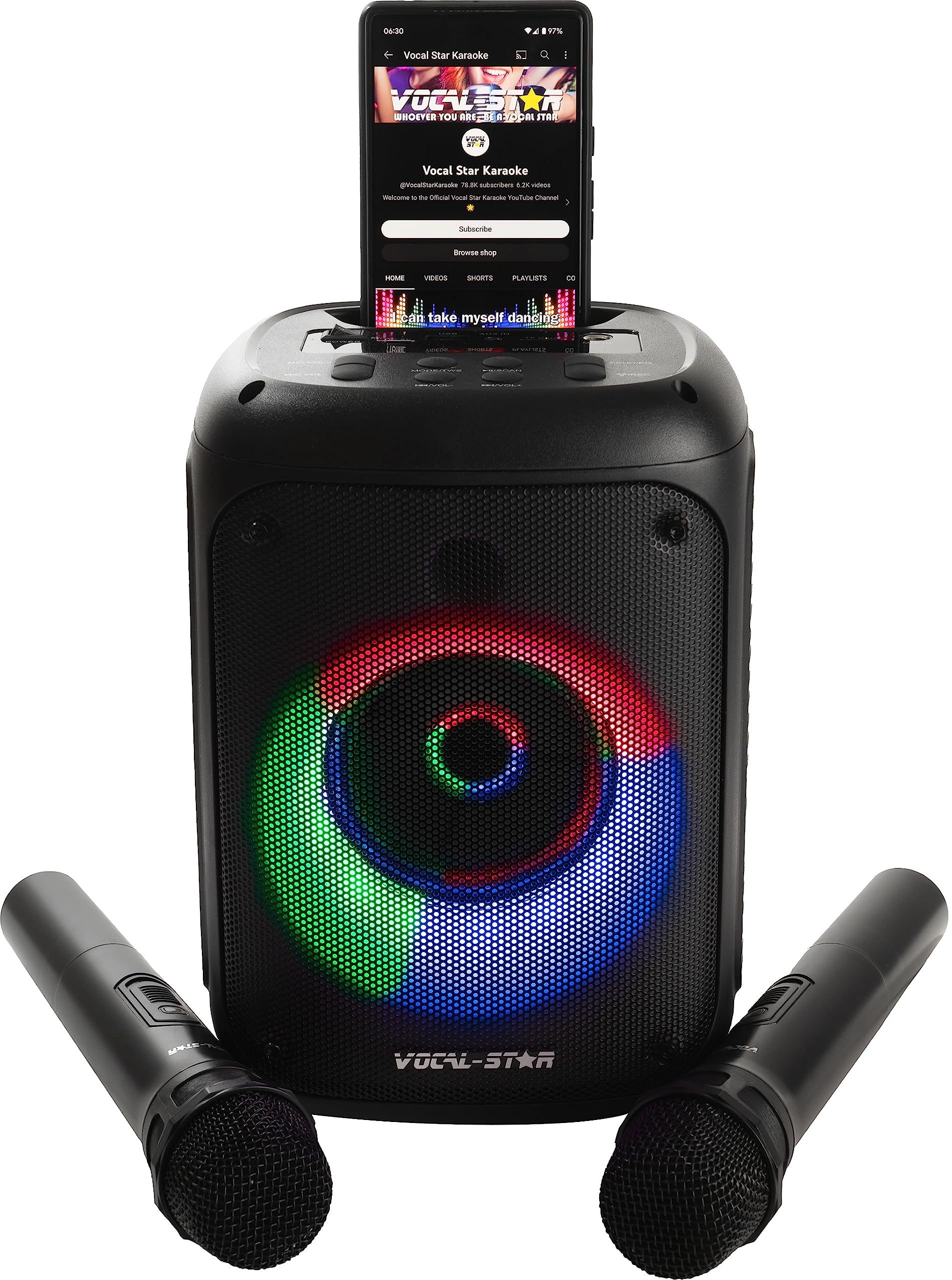 Vocal-Star Portable Karaoke Machine with Bluetooth, 2 Wireless Microphones, Karaoke System, 60w Speaker, Party Lights Effects, R