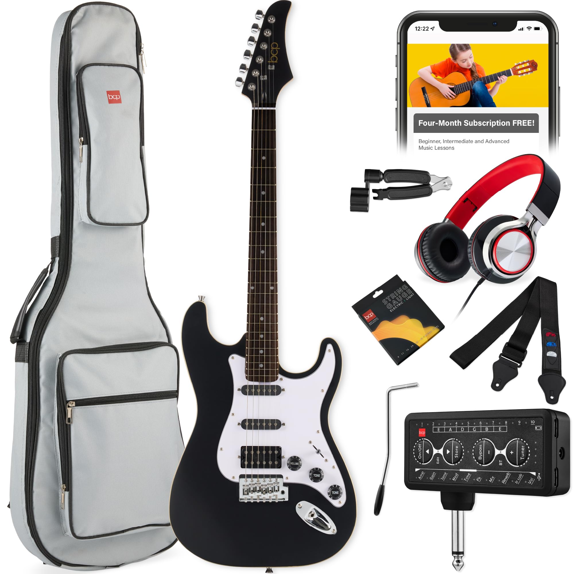 Best Choice Products Beginner HSS Electric Guitar Kit w/Headphone Amp, Padded Gig-Bag, Headphones, Guitar Strap - Satin Black/Wh