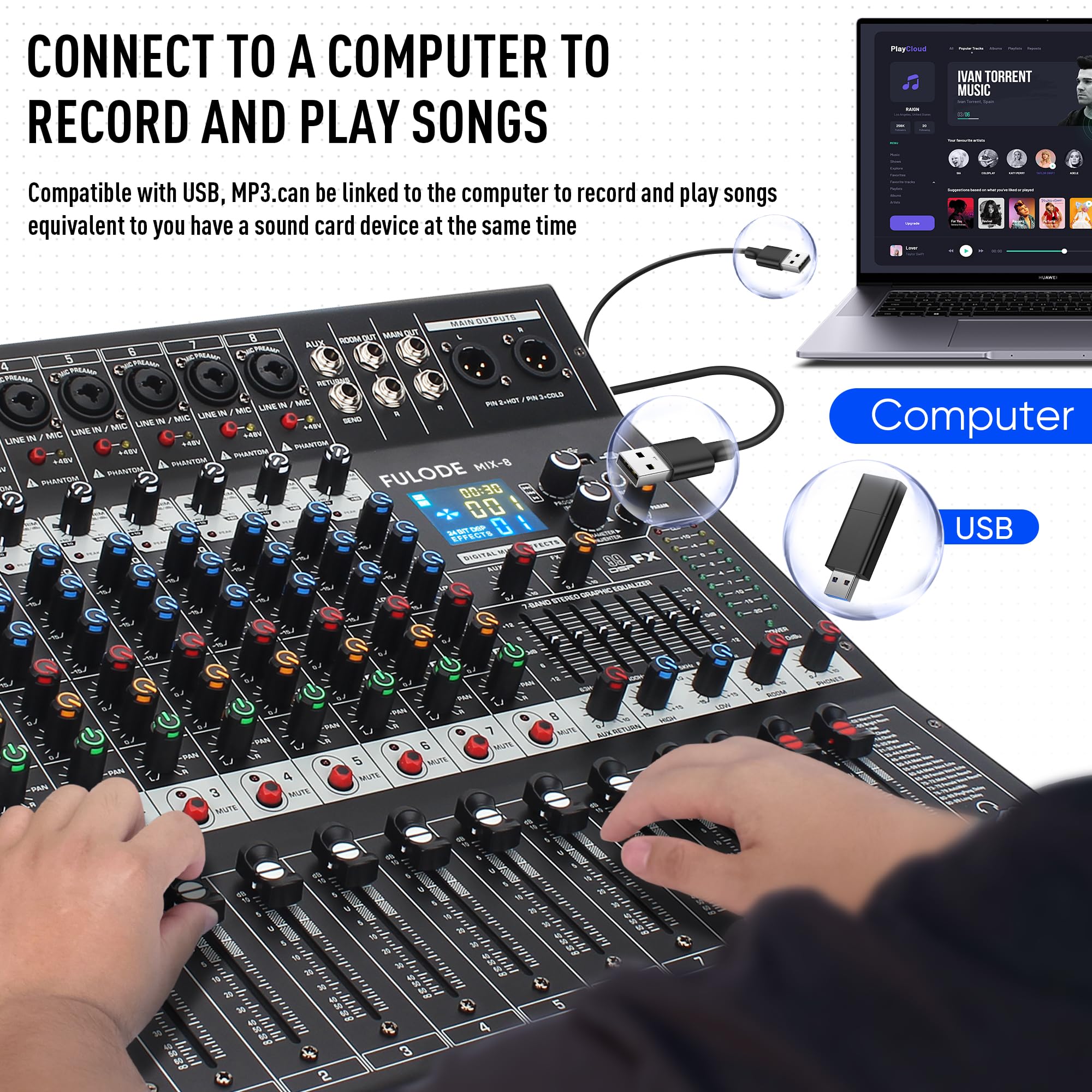 FULODE 8-Channel Professional Audio Mixer Sound Board Console 99 Bit DSP Digital Processor w/USB Bluetooth MP3 for PC Recording