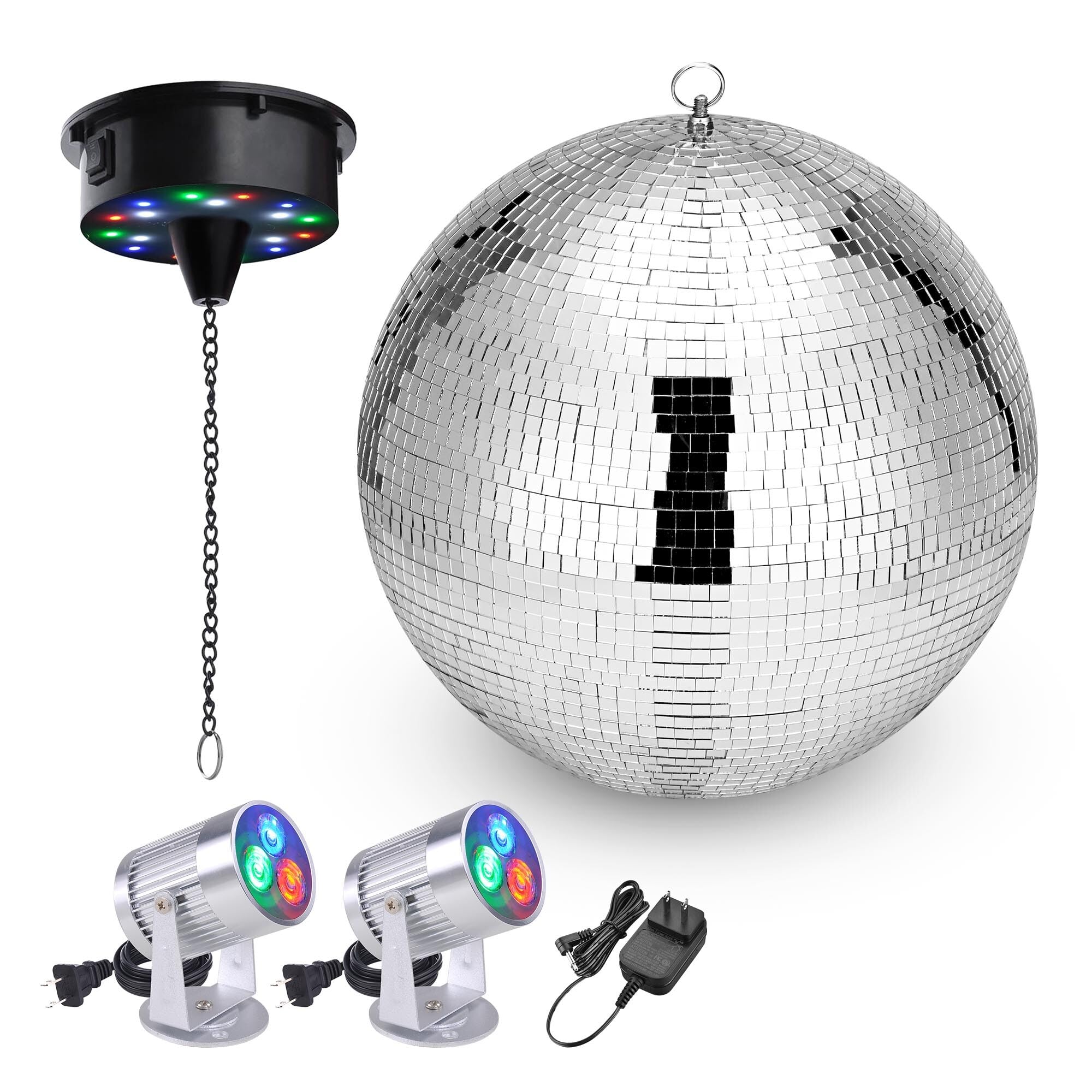 DELight 16 Large Disco Ball with Motor and Lights 6RPM Rotator & 2PCS 3W RGB Spotlights for 70s 80s Party DJ Bands Dance Club Ba