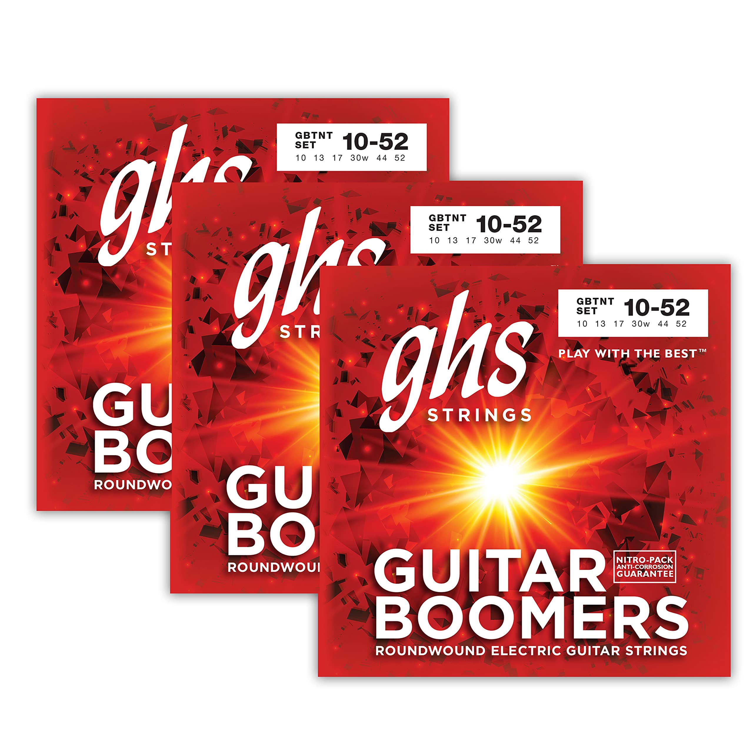 Ghs Strings Gbtnt Guitar Boomers, Nickel-Plated Electric Guitar Strings, Thin & Thick (10-52), Pack Of 3