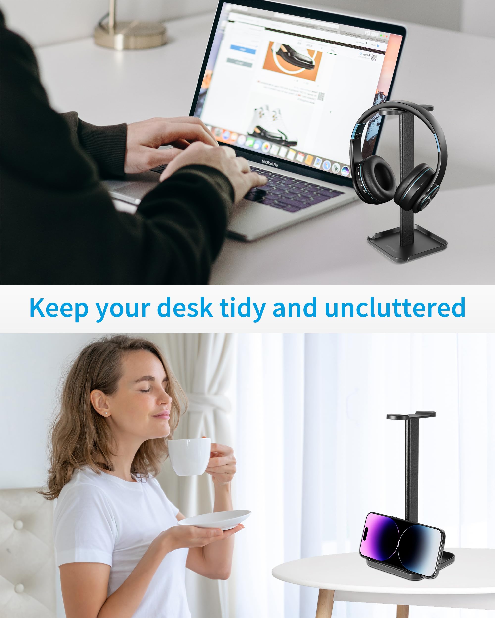 XMANA 2-in-1 Aluminum Headphone Stand & Phone Holder Rack - Sleek, Sturdy & Ergonomic Design Gaming Headset Stand for Desk Organ