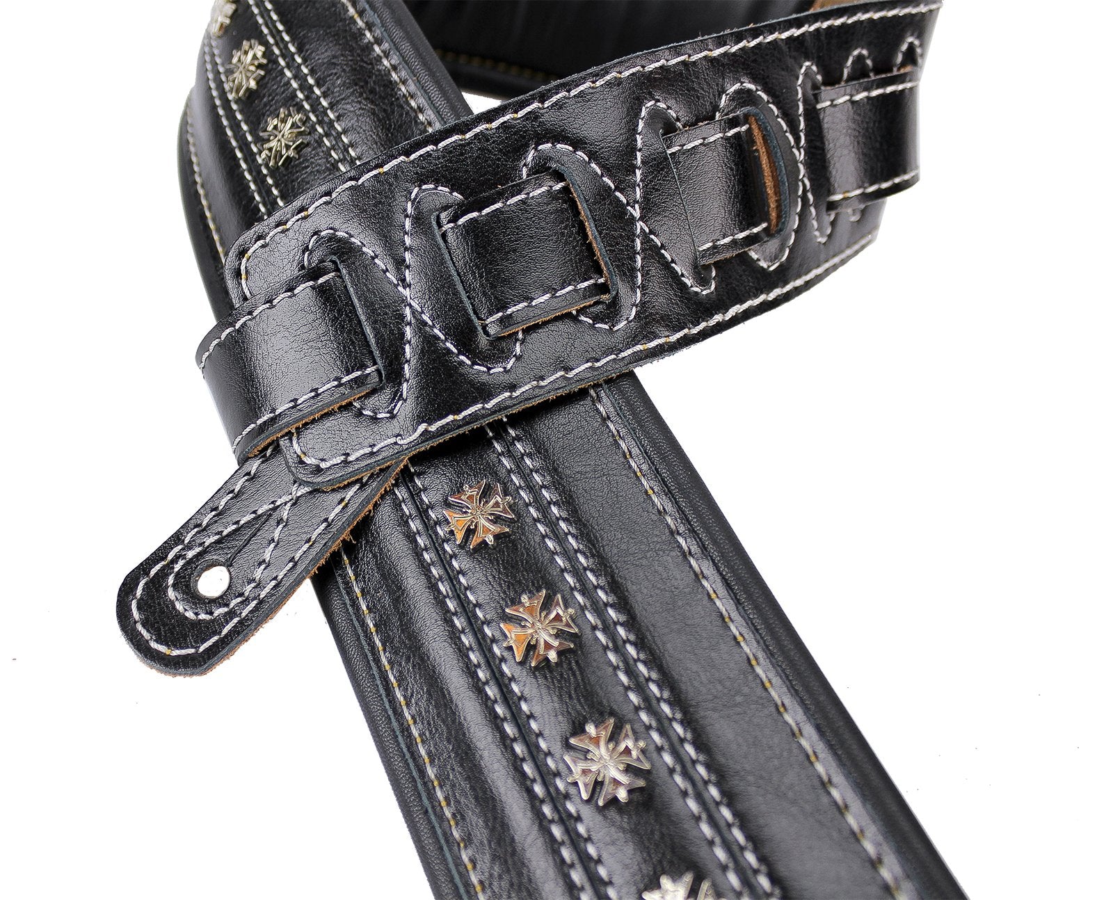 Walker & Williams C-35-BLK Smooth Texture Premium Black Full Grain Leather Soft Padded Guitar Strap with Metal Crosses For Acous
