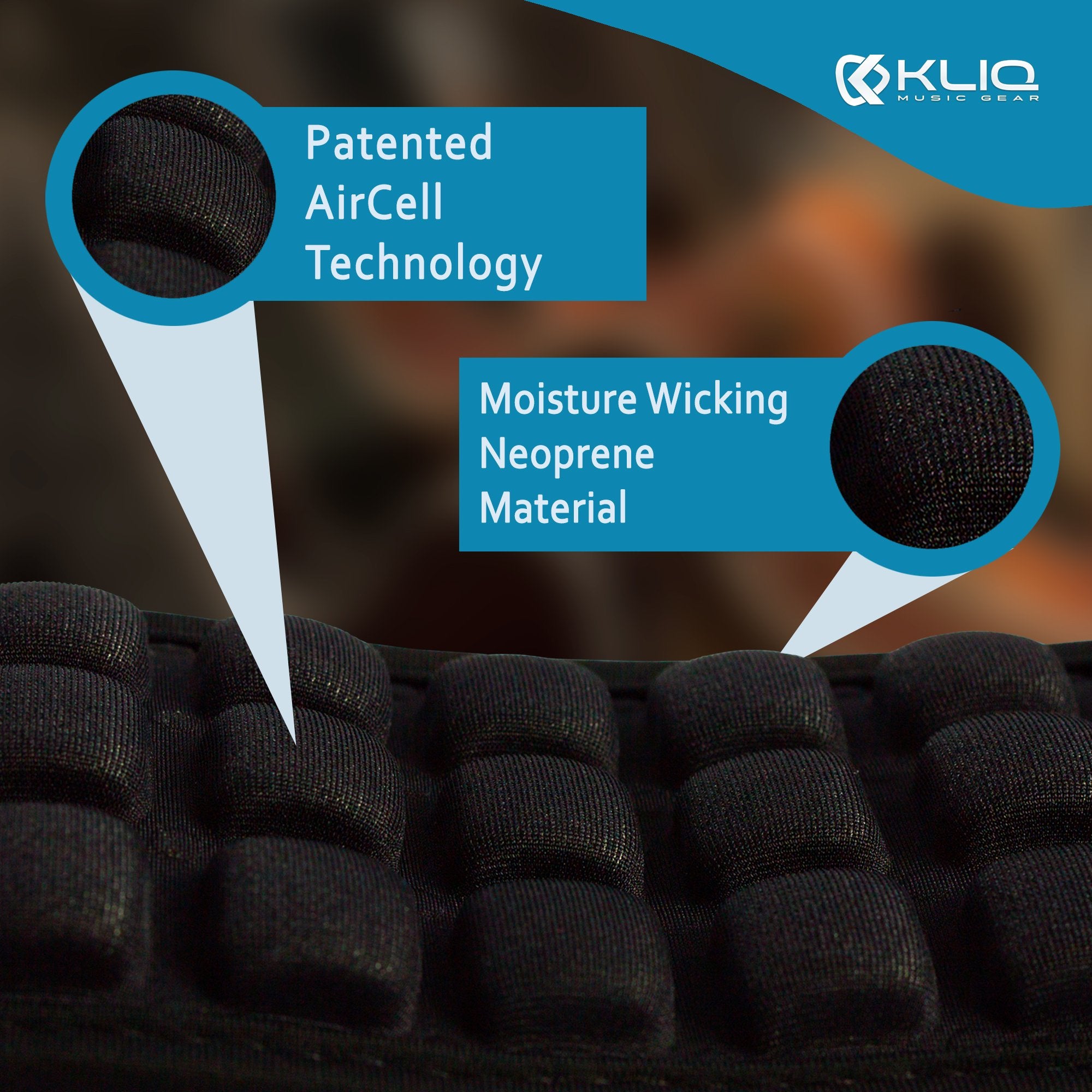 KLIQ AirCell Guitar Strap, SHORT, for Bass & Electric Guitar with 3'' Wide Neoprene Pad and Adjustable Length from 38'' to 44''