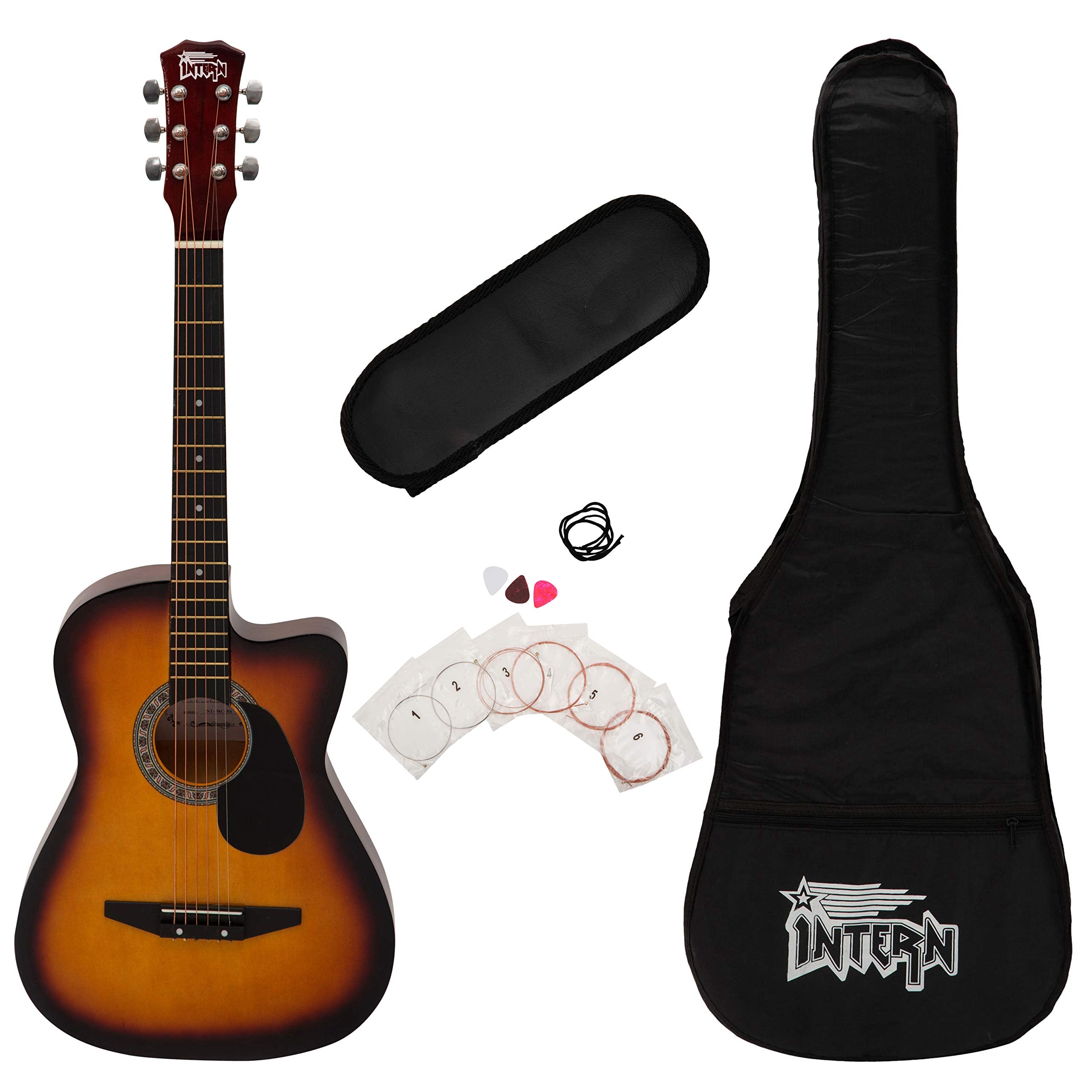 Intern INT-38C-SB-G Linden Wood Cutaway Right Handed Acoustic Guitar Kit, With Bag, Strings, Pick And Strap (Sunburst, 6 Strings