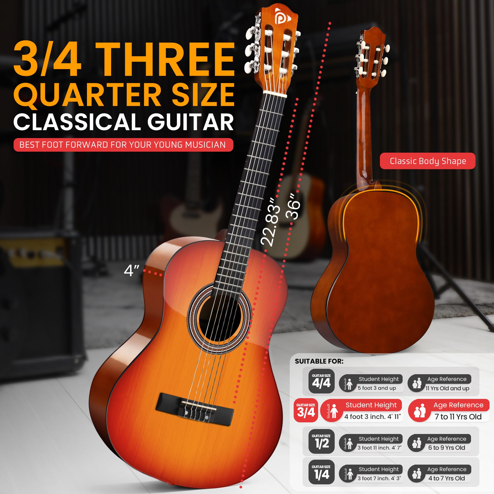 Pyle Beginner Acoustic Guitar Kit, 3/4 Junior Size All Wood Instrument for Kids, Adults, 36'' Cherry Sunburst