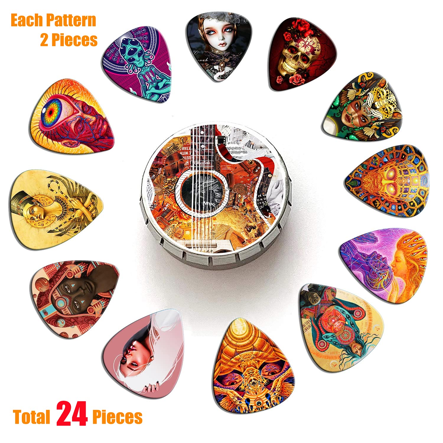 THIVENNY Guitar Picks 24 Medium Pack with Tin Box,Unique Artistic Celluloid Guitar Pick for Bass Electric Guitar Acoustic Guitar