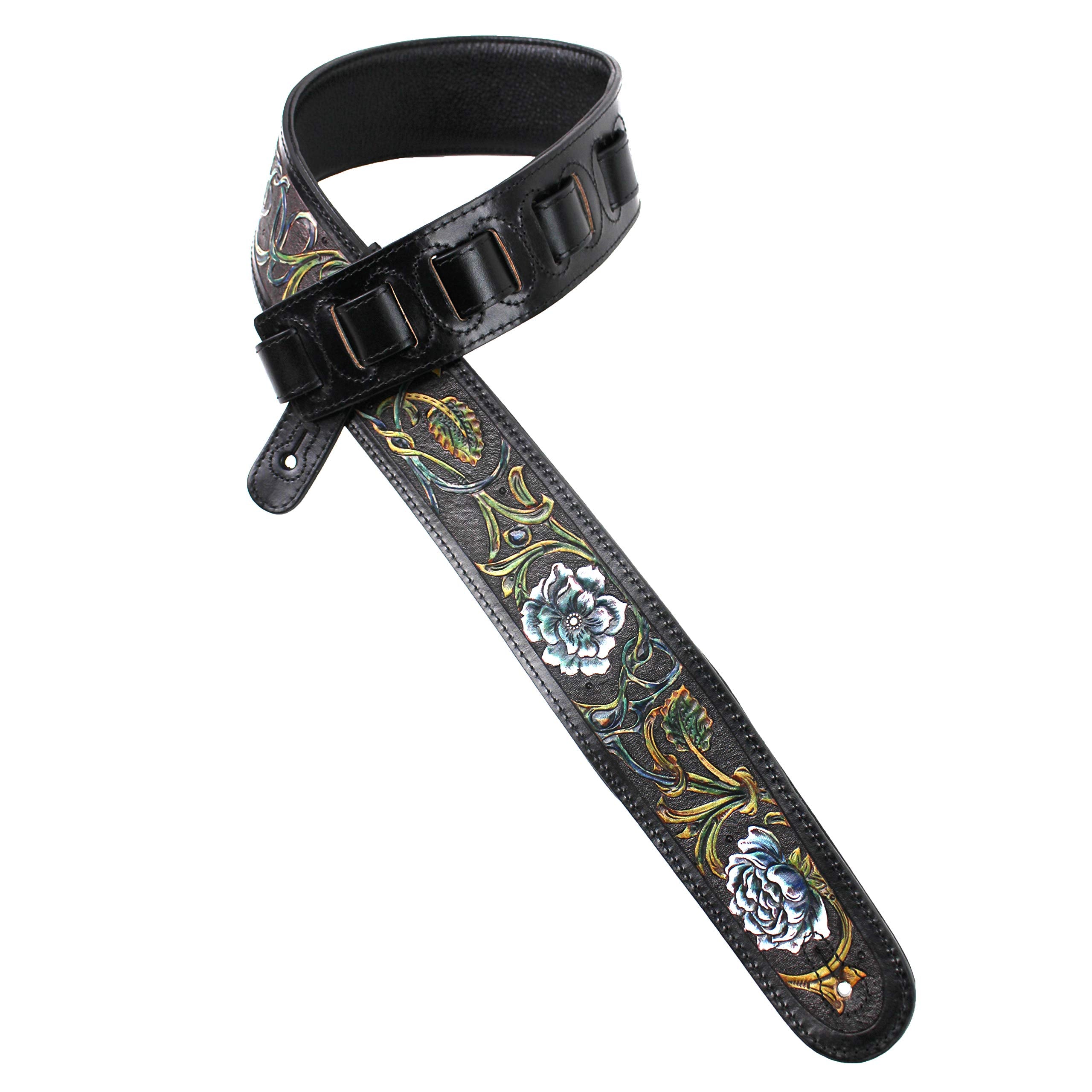Walker And Williams Lhr-13 Handmade Black Premium Carved Leather Guitar Strap With Prussian Blue And White Western Floral Carvin