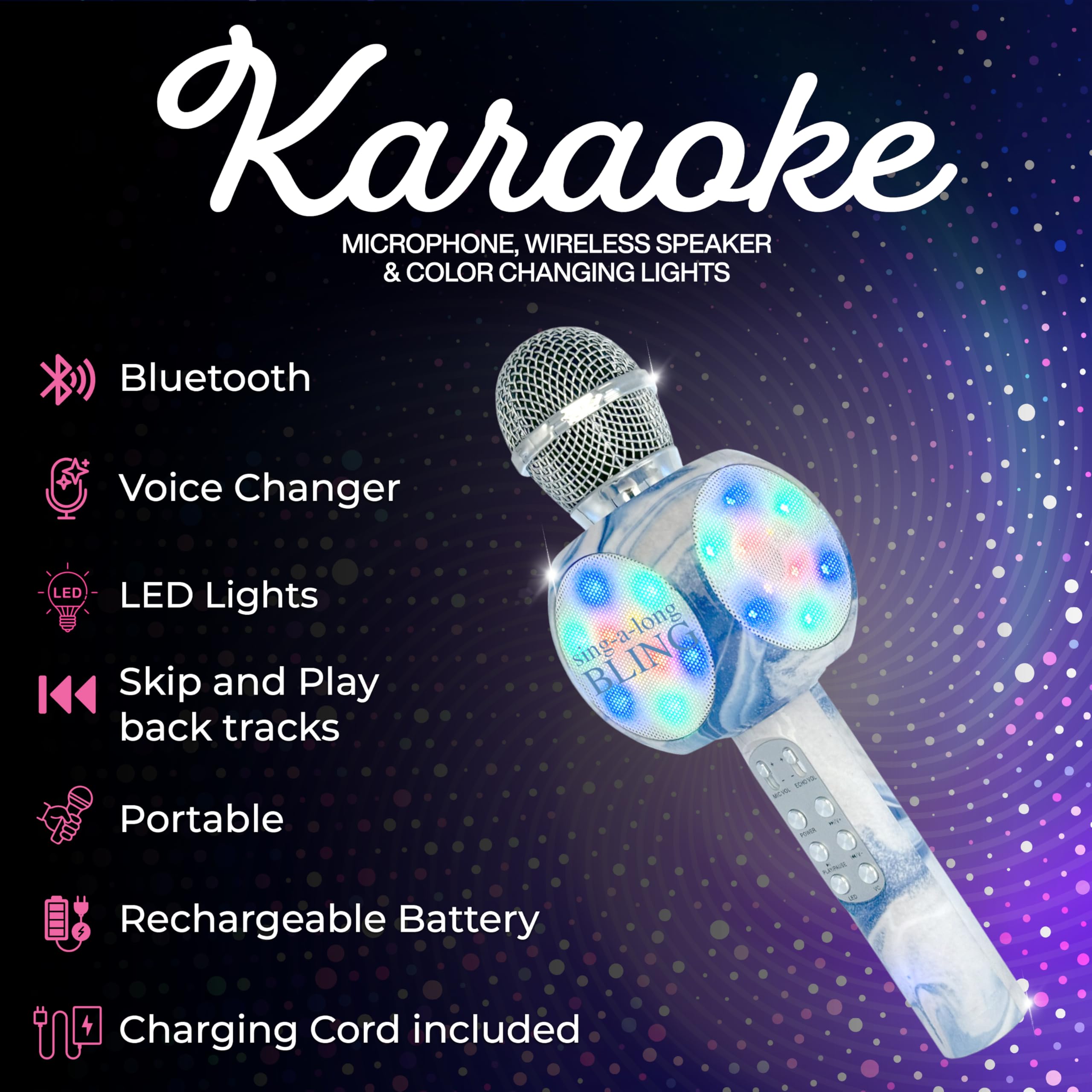 Wireless Express - Sing-Along Bluetooth Karaoke Microphone and Bluetooth Stereo Speaker, Swirl Edition, All-in-One (Swirl Blue)