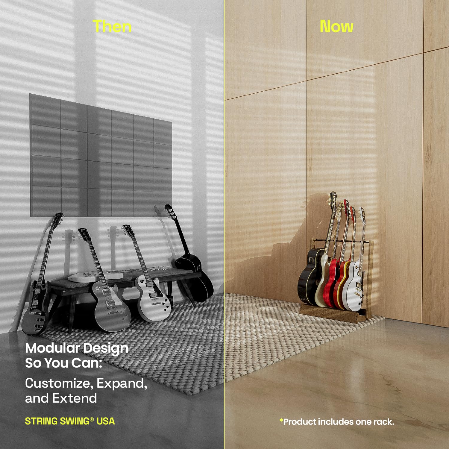 String Swing Guitar Stand for 6 Electric or Bass, or 3 Acoustic Guitars for Home or Studio (CC34)