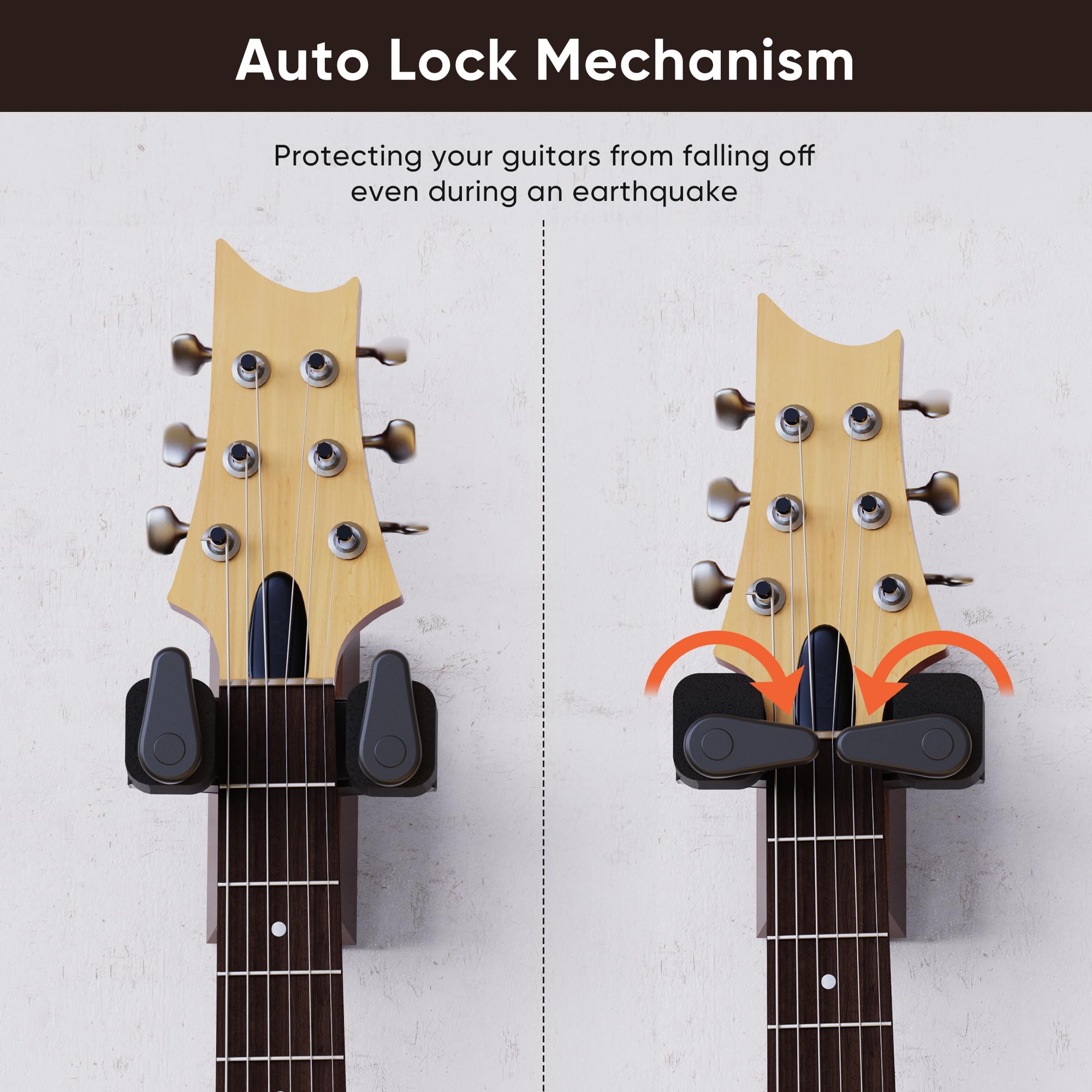 Guitar Wall Mount Hanger, Hard Wood Base Guitar Hook Auto Locking for Acoustic, Classical, Electric, Bass Guitars, Ukuleles, 2 P