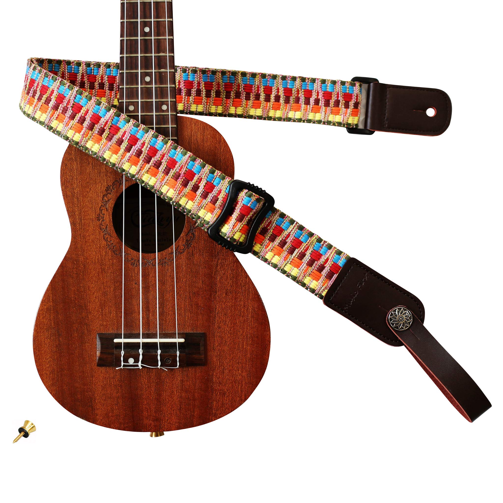 MUSIC FIRST Hawaii Woven Rainbow Adjustable Meshbelt & Genuine Leather Ukulele Strap Shoulder Strap version 2.0 With a Genuine L