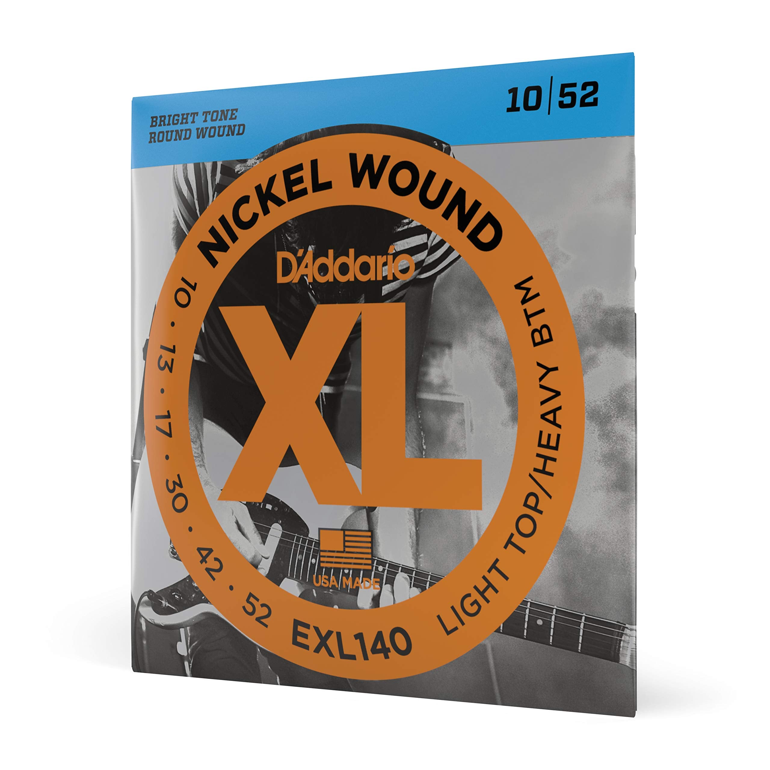 DAddario Electric Guitar Strings, XL Nickel, EXL140, Light Top/Heavy Bottom Gauge 10-52, 6-String Set, Pack of 1
