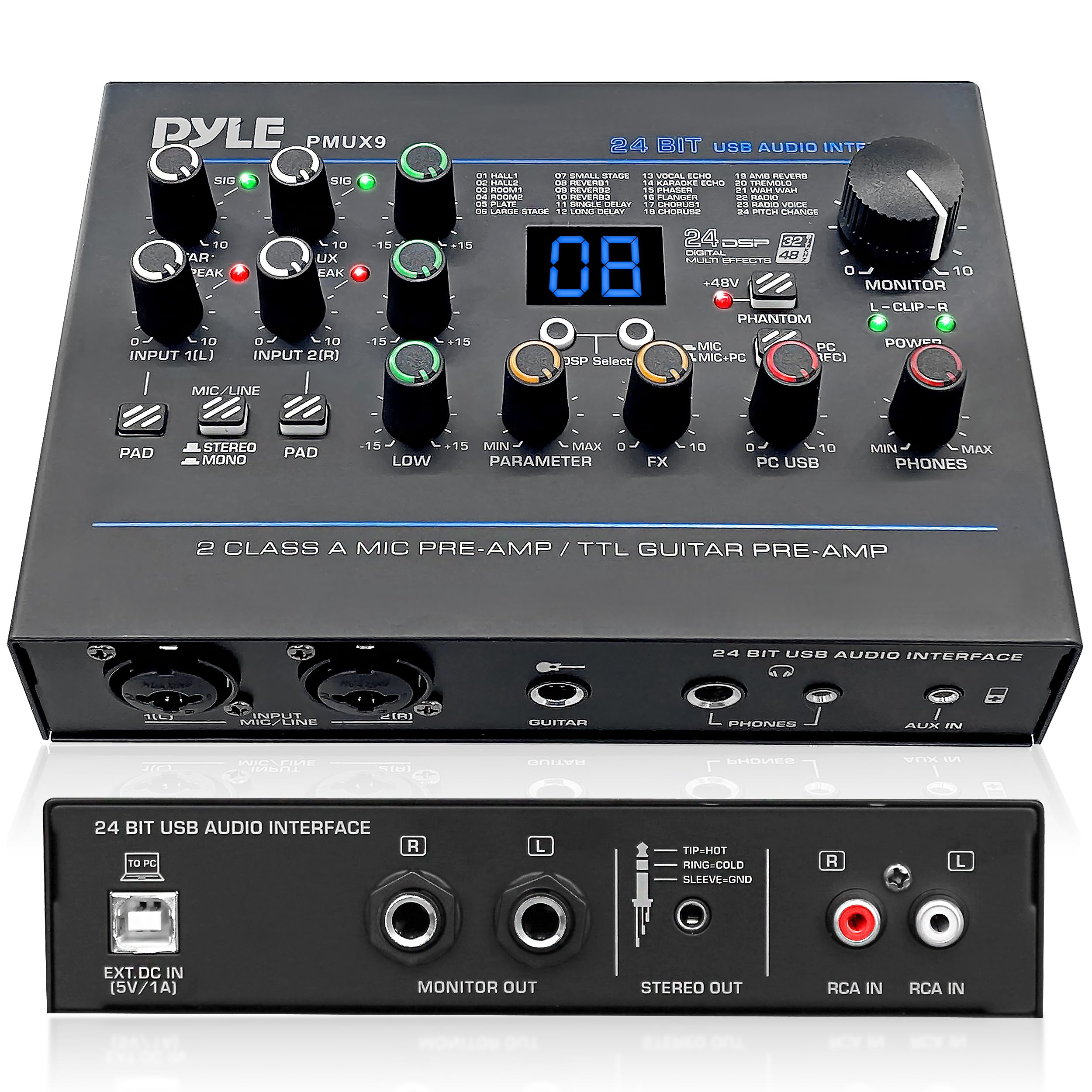 Pyle USB Audio Interface - MIC/LINE - Guitar - AUX Stereo & RCA Inputs - Preset 24 Digital Effects - Phantom Power - Phone/Stere