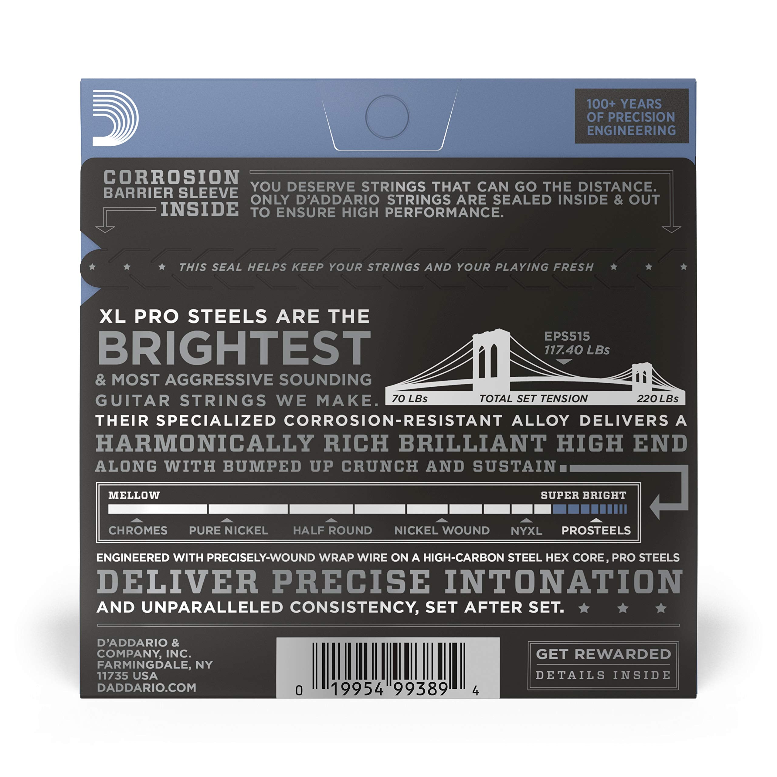 D'Addario Guitar Strings - ProSteels Electric Guitar Strings - Round Wound - Brighter, Crunchier, Increased Sustain - EPS515 - M