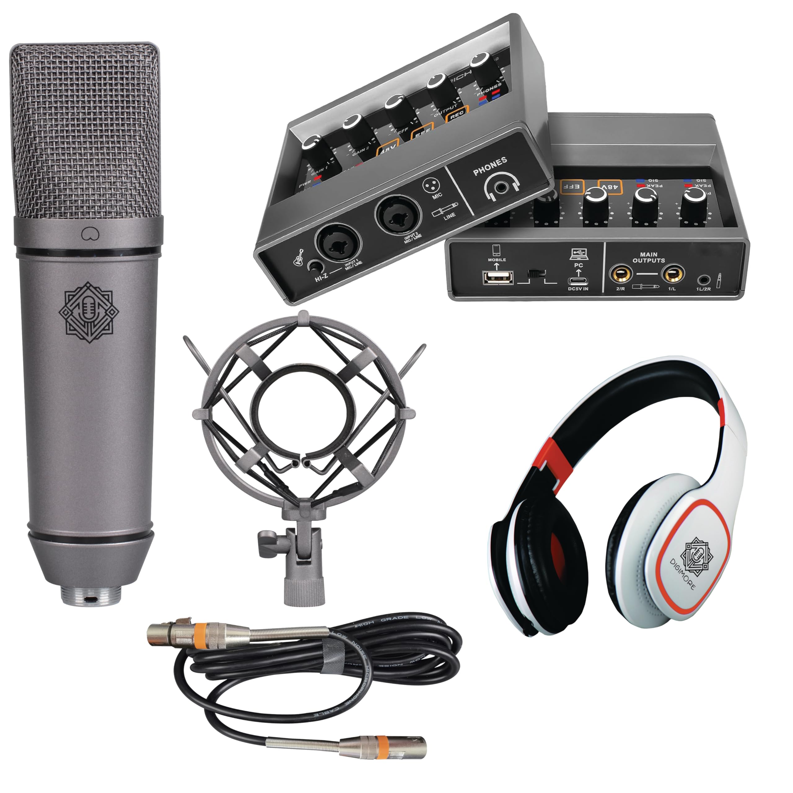 DIGIMORE Professional Condenser Microphone Kit with Audio Interface for Podcasting Live Streaming Singing PC Mobile YouTube (D-4