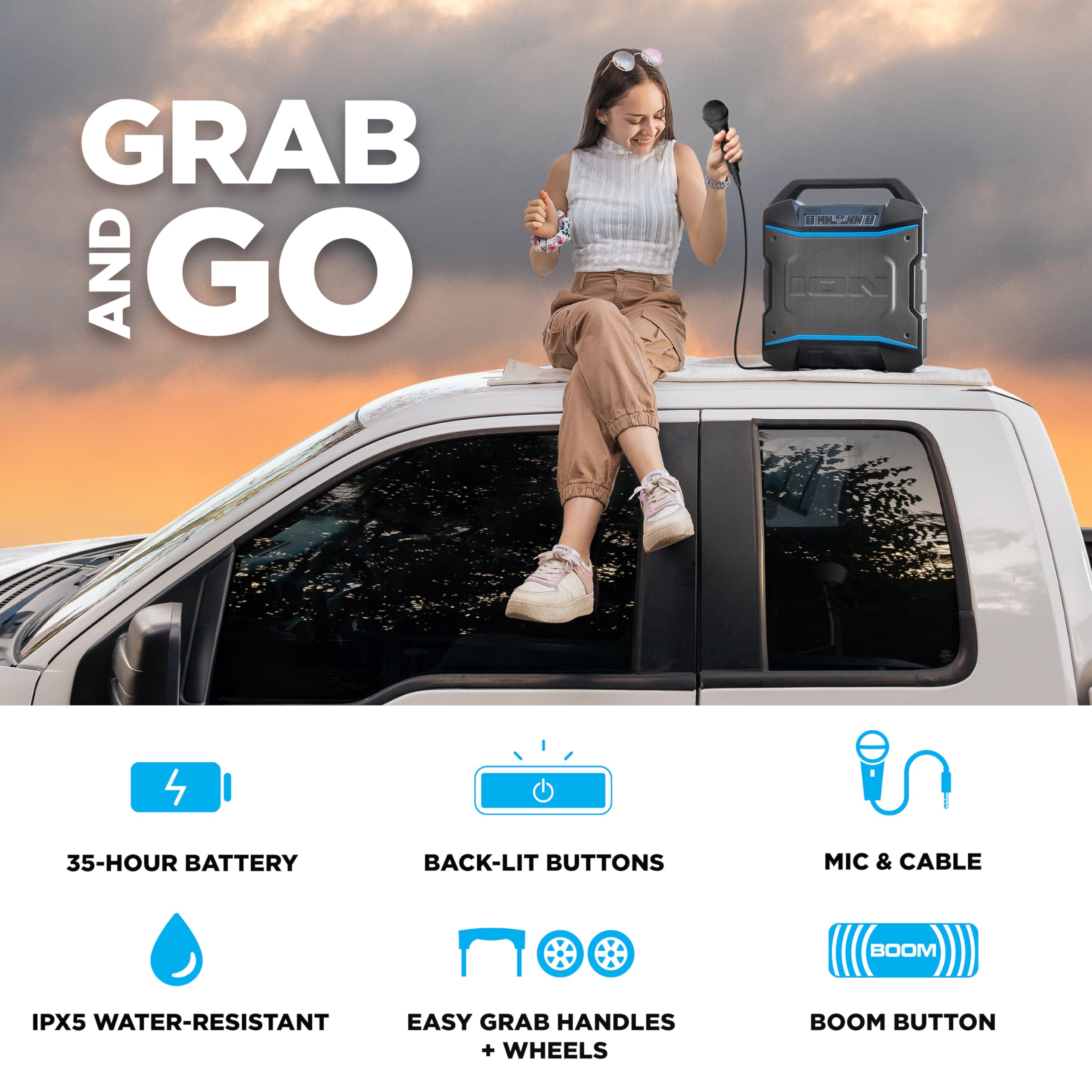 ION Block Rocker - Portable Bluetooth Outdoor Party Speaker with Karaoke Microphone, Battery, 4 Speakers, Radio, USB Port, App,