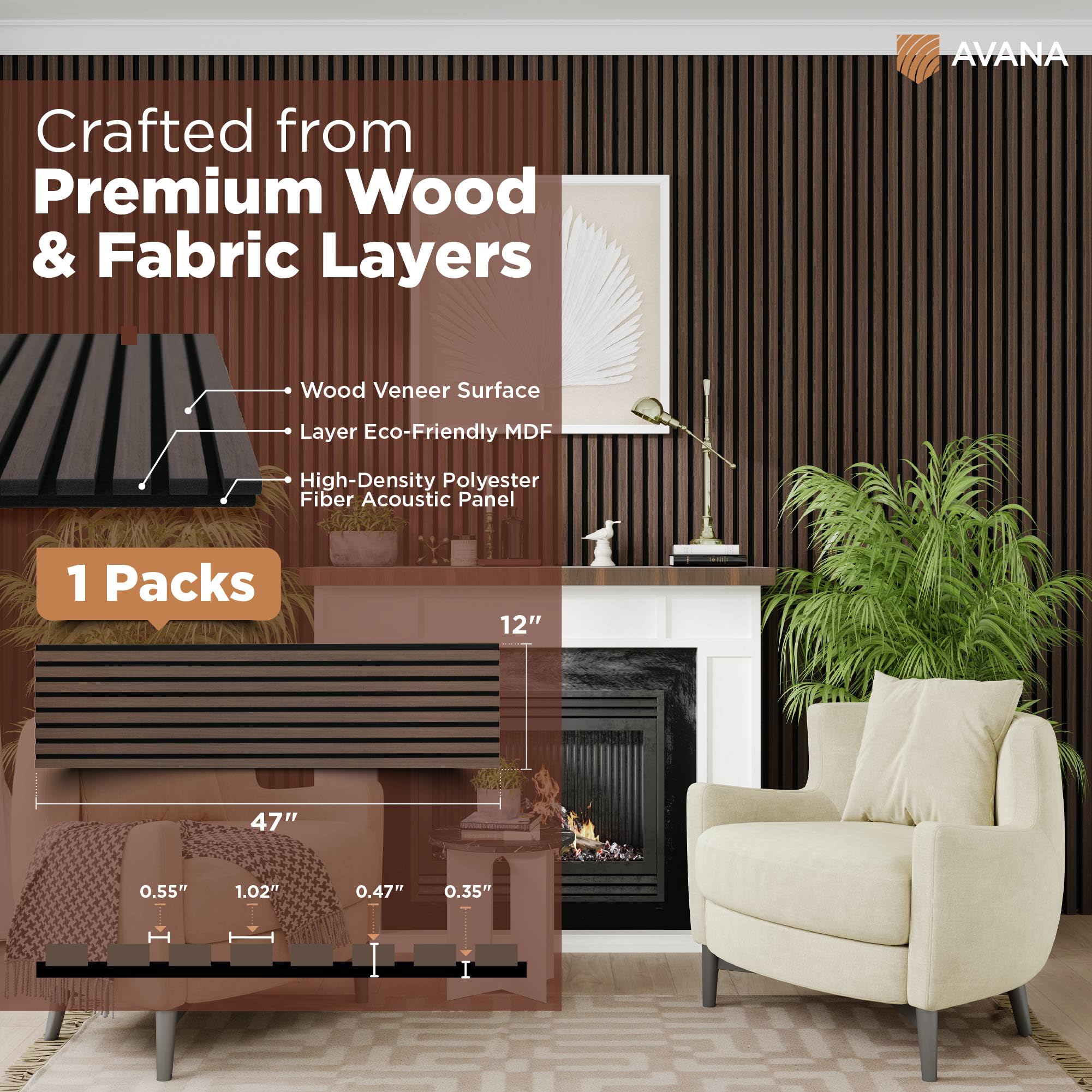 Avana Modern Acoustic Wood Wall Panels - 47.2X12.6 Inch Dark Walnut Acoustic Panels 1 PC - Wall Panels For Interior Wall Decor F